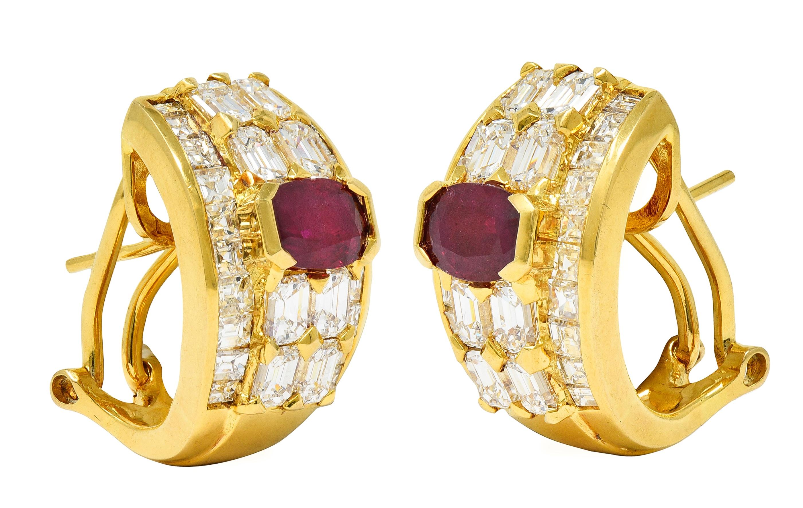Contemporary 7.25 CTW  Ruby Diamond 18 Karat Yellow Gold J-Hoop Earrings