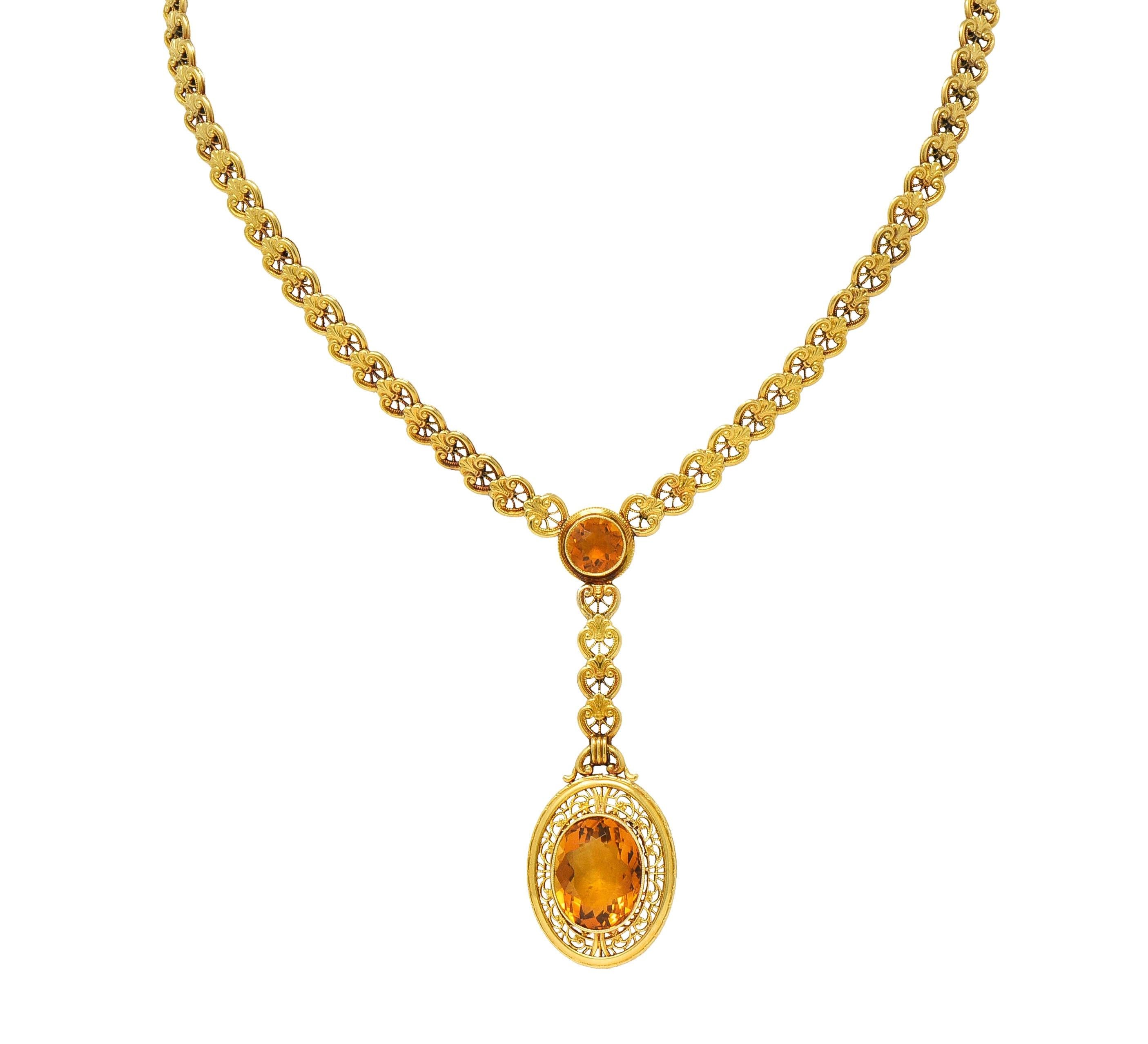 Art Deco Bippart & Co. Citrine 14 Karat Yellow Gold Antique Lotus Drop Necklace