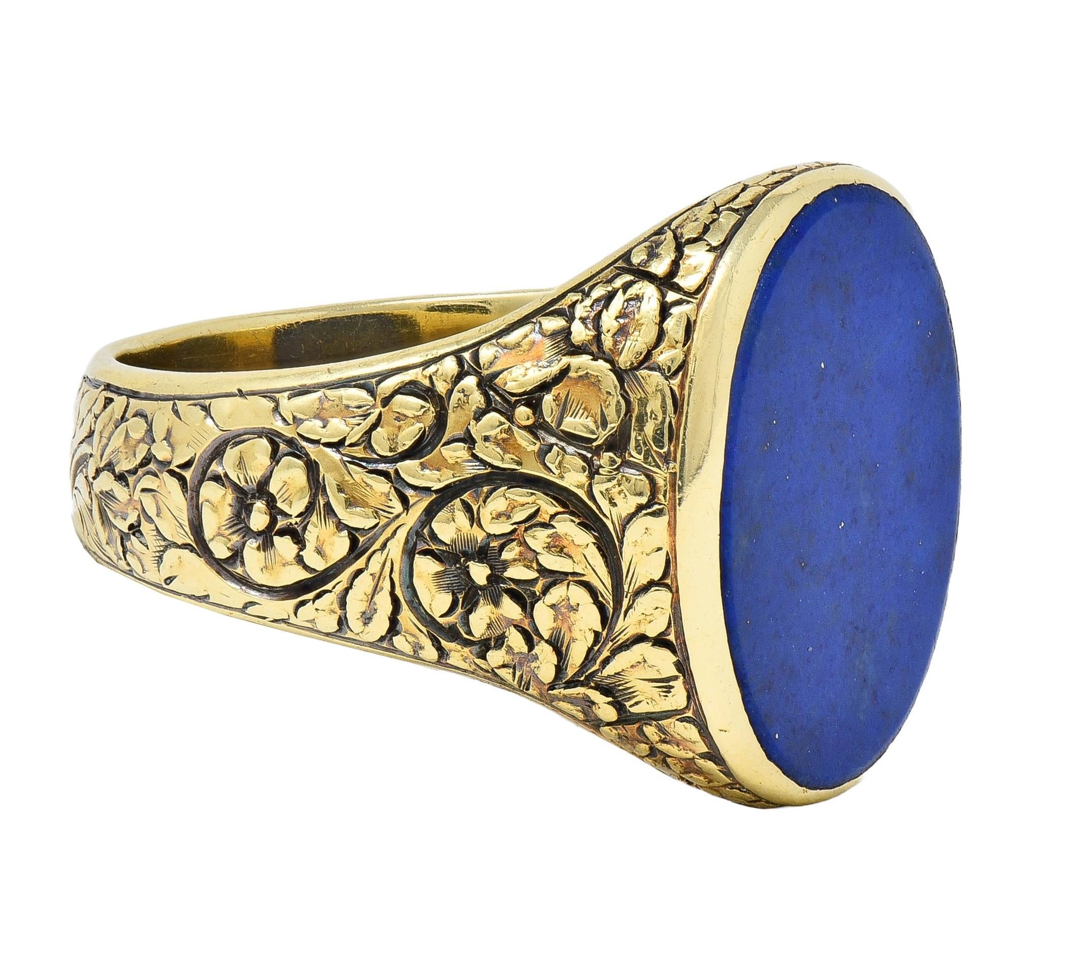 Victorian Lapis Lazuli 14 Karat Yellow Gold Floral Unisex Signet Ring