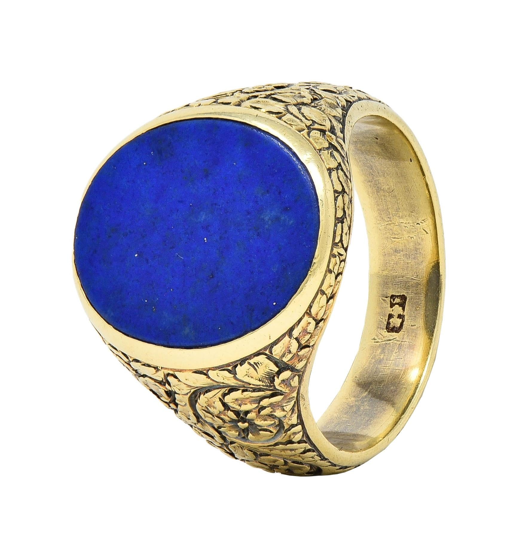 Victorian Lapis Lazuli 14 Karat Yellow Gold Floral Unisex Signet Ring