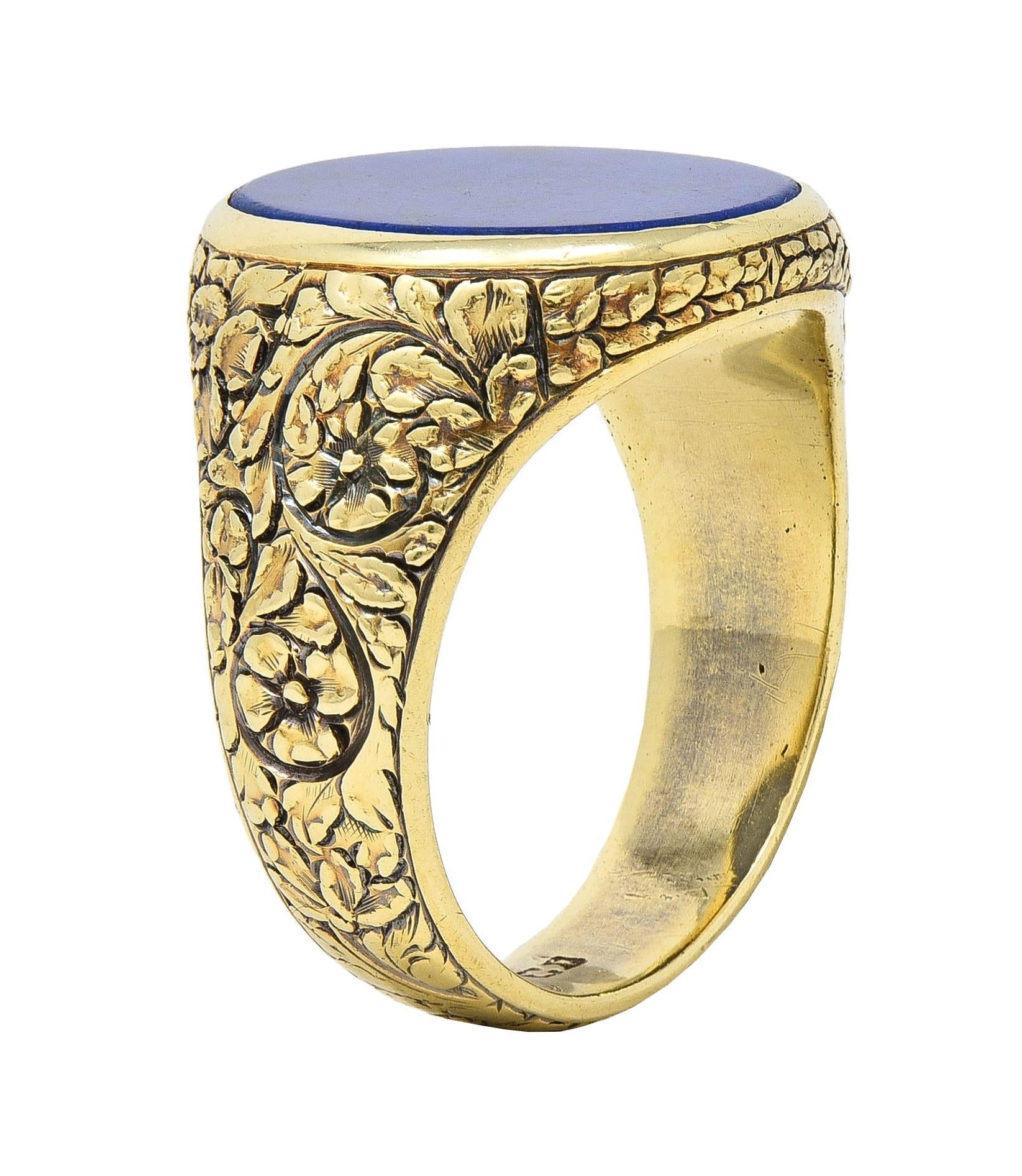 Victorian Lapis Lazuli 14 Karat Yellow Gold Floral Unisex Signet Ring