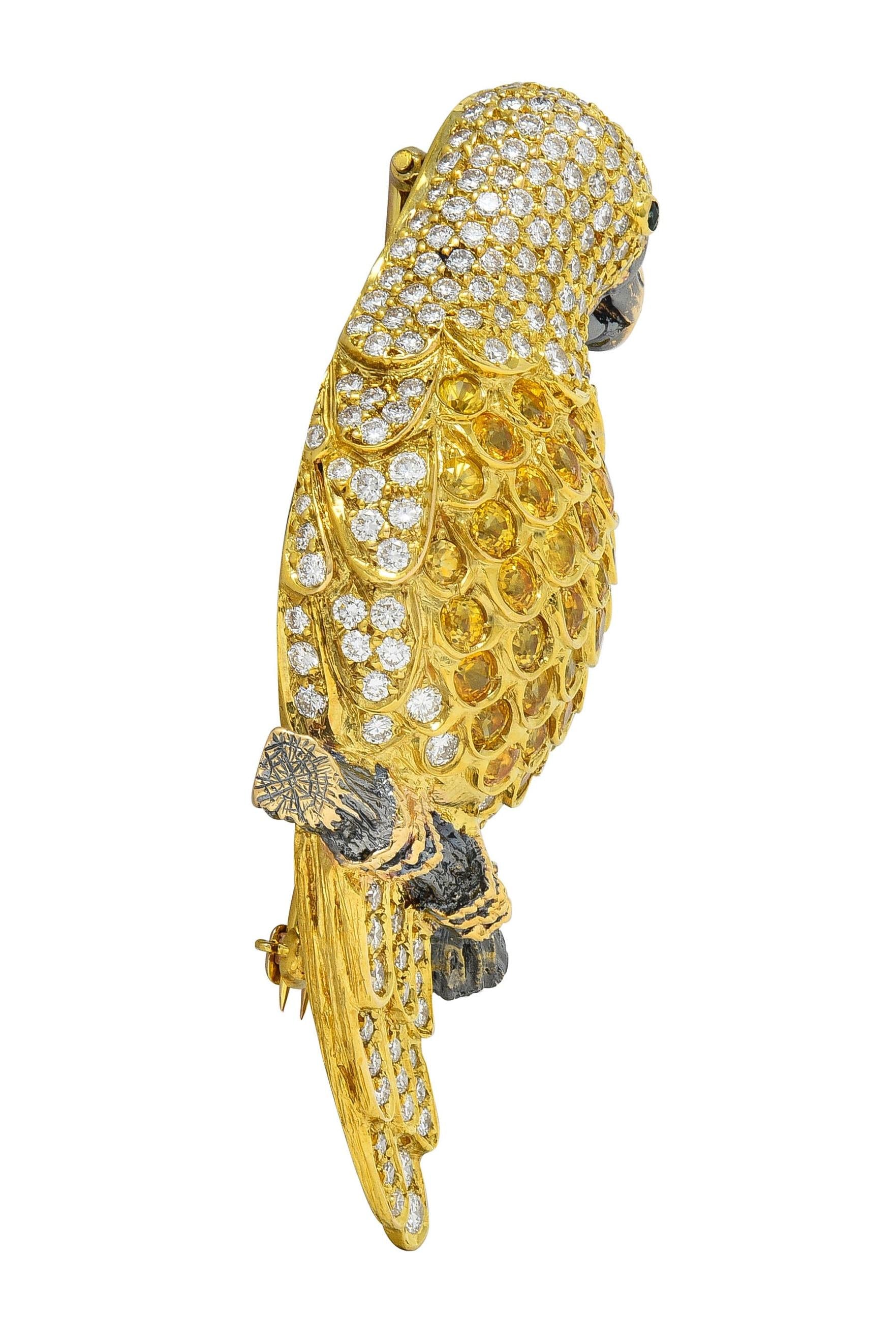 Contemporary 8.50 CTW Yellow Sapphire Diamond 18K Gold Vintage Parrot Brooch