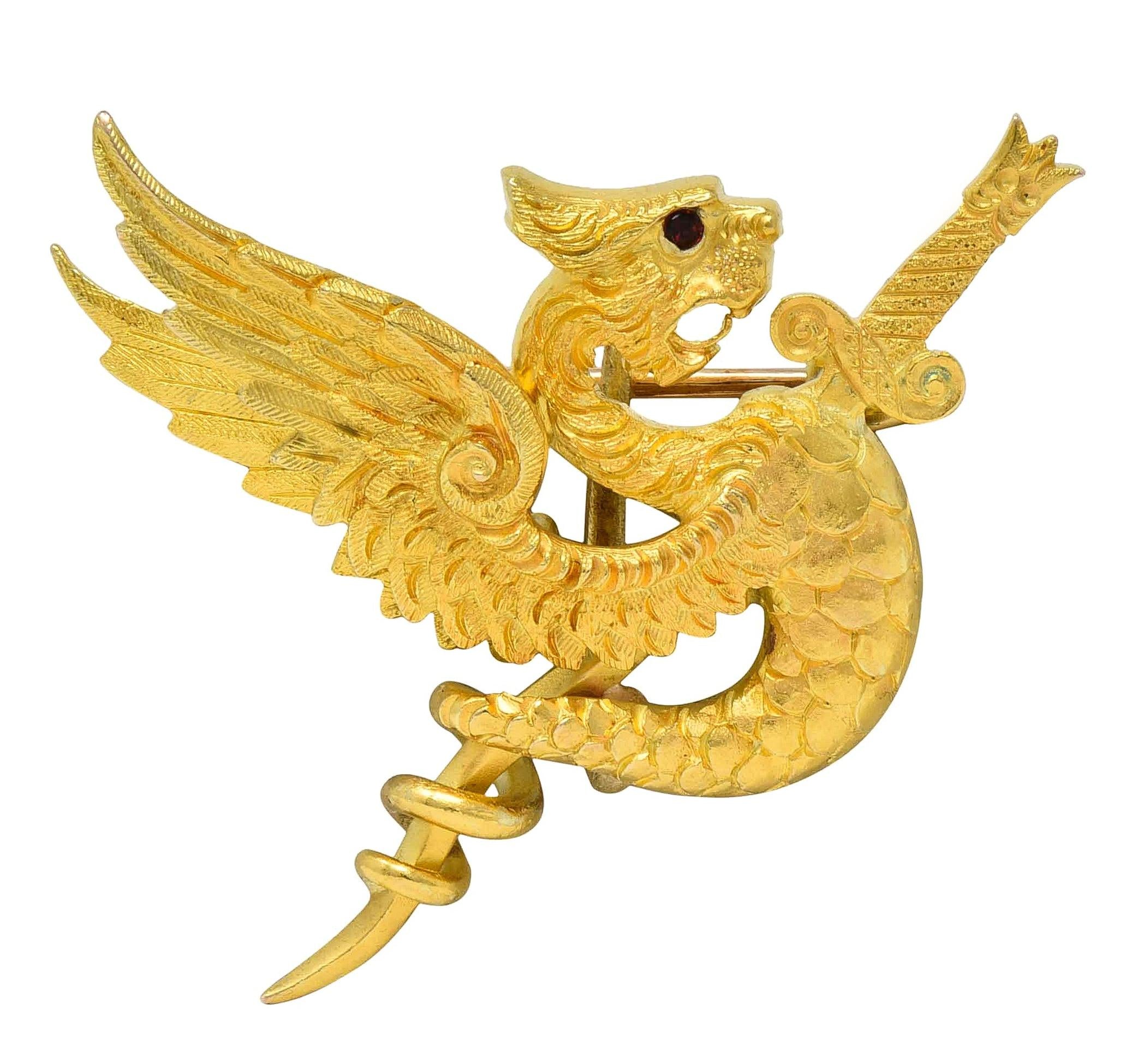 Riker Bros Art Nouveau Garnet 14K Gold Dragon Sword Antique Pendant Brooch