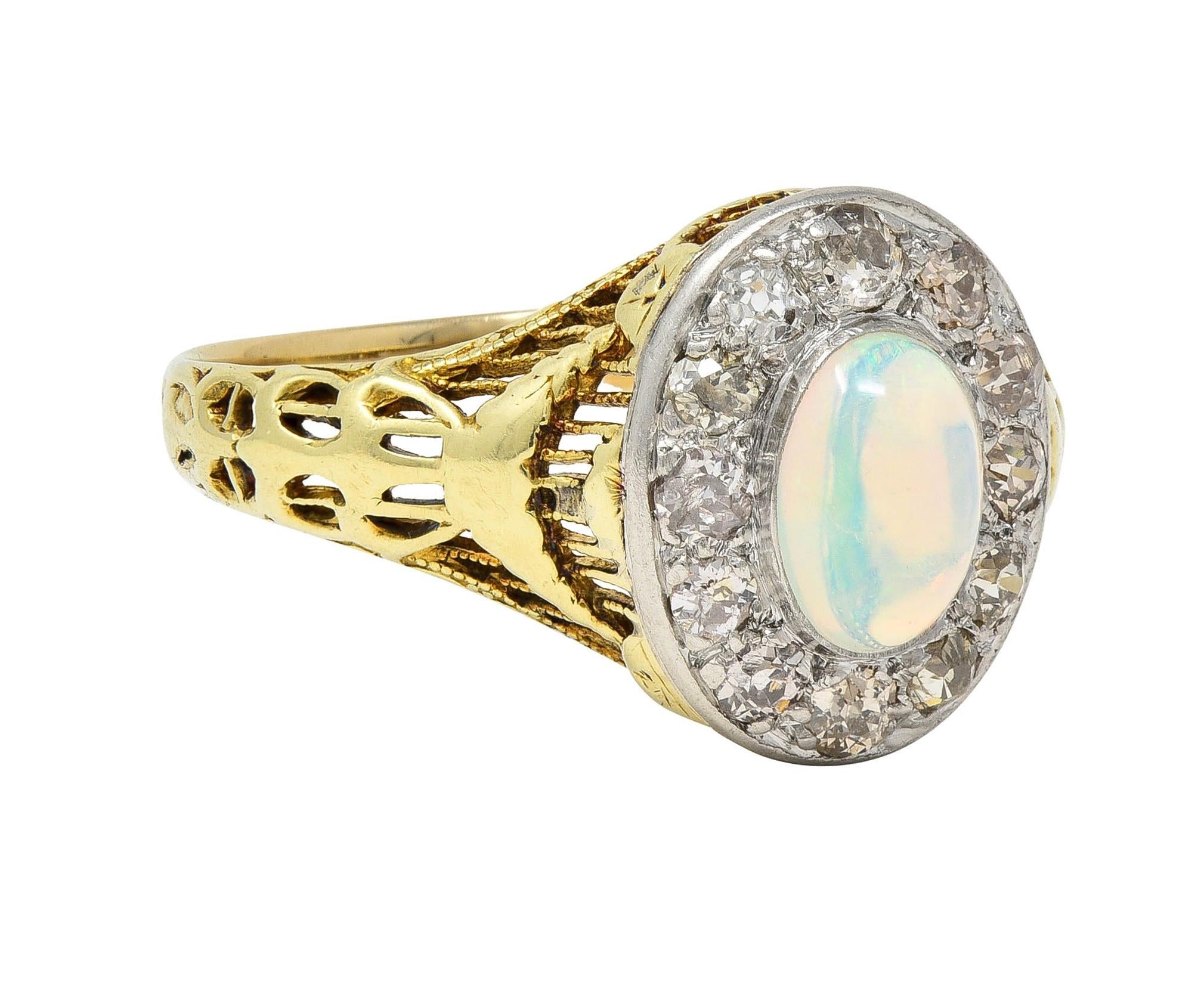 Edwardian Opal Diamond Platinum 14 Karat Gold Antique Garland Halo Ring