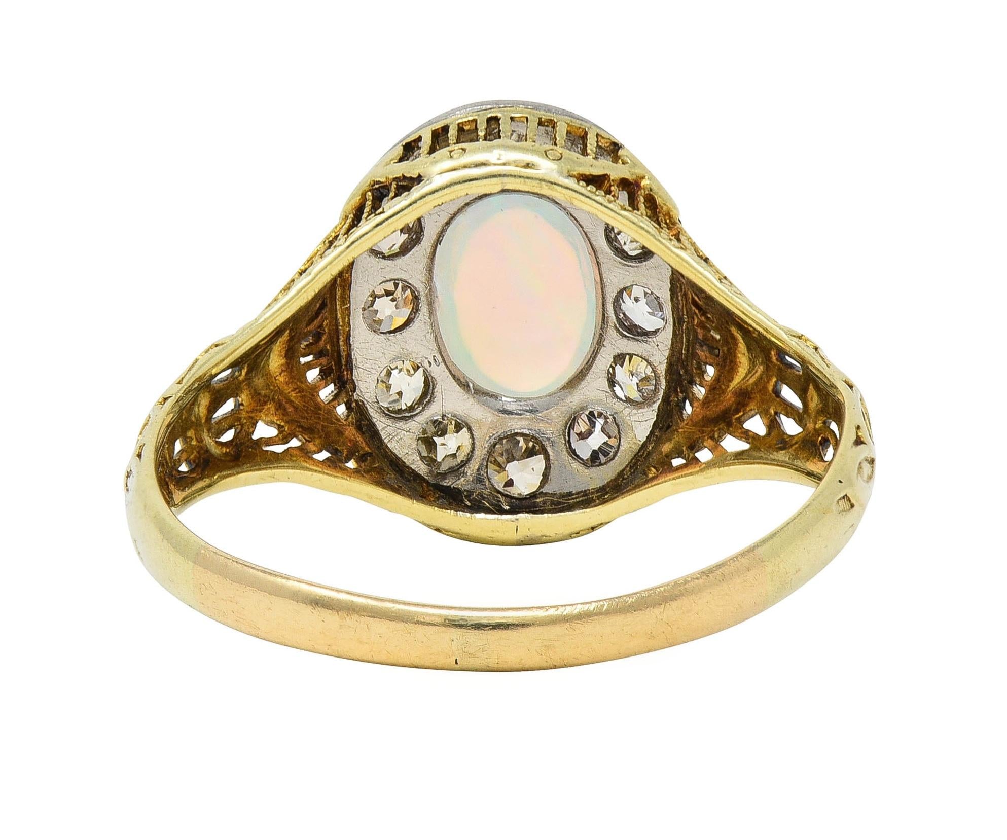 Edwardian Opal Diamond Platinum 14 Karat Gold Antique Garland Halo Ring