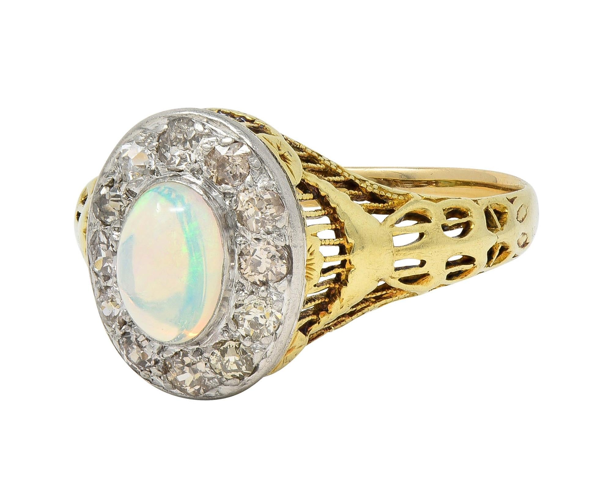 Edwardian Opal Diamond Platinum 14 Karat Gold Antique Garland Halo Ring