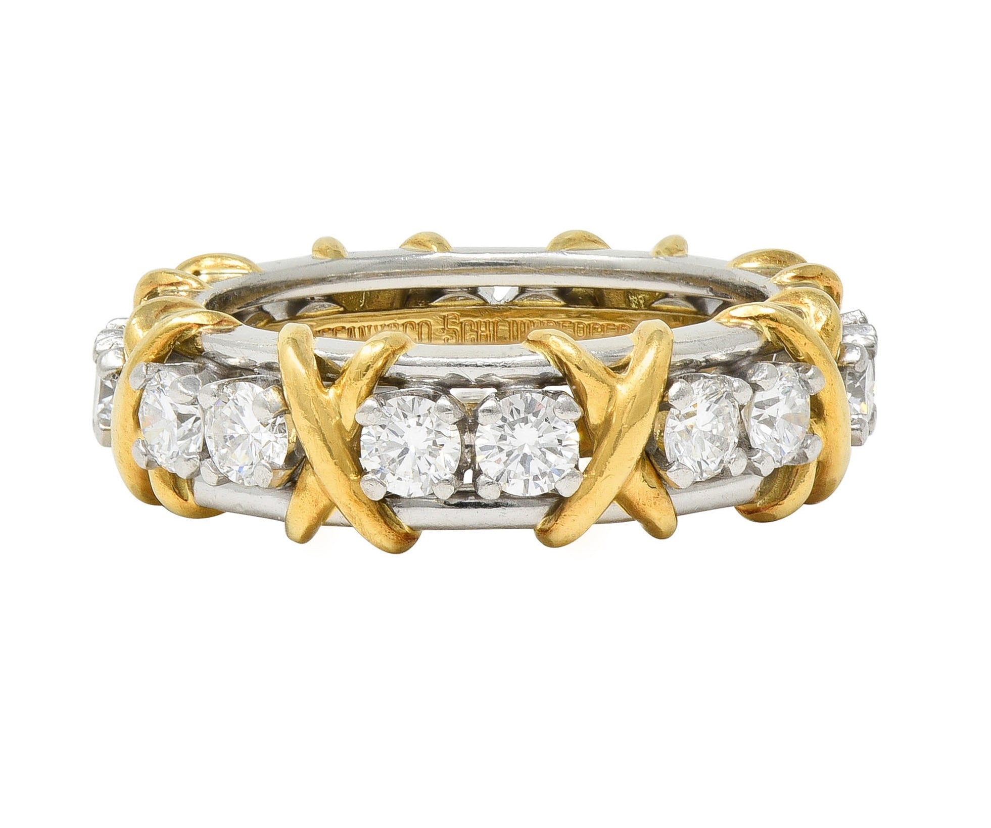 Jean Schlumberger Sixteen Stone Tiffany & Co. Diamond Platinum 18 Karat Gold X Band Ring Wilson's Estate Jewelry