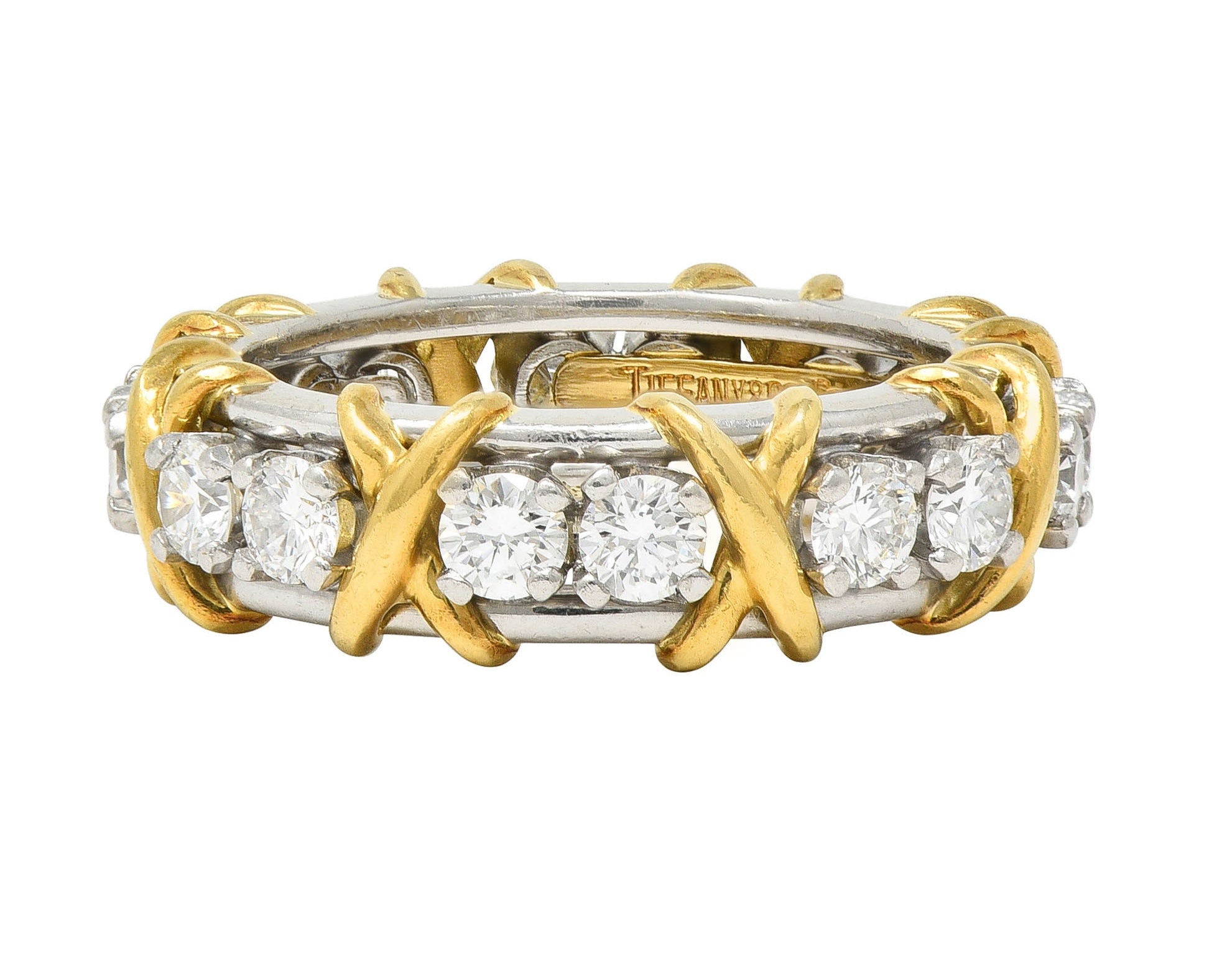 Jean Schlumberger Sixteen Stone Tiffany & Co. Diamond Platinum 18 Karat Gold X Band Ring Wilson's Estate Jewelry