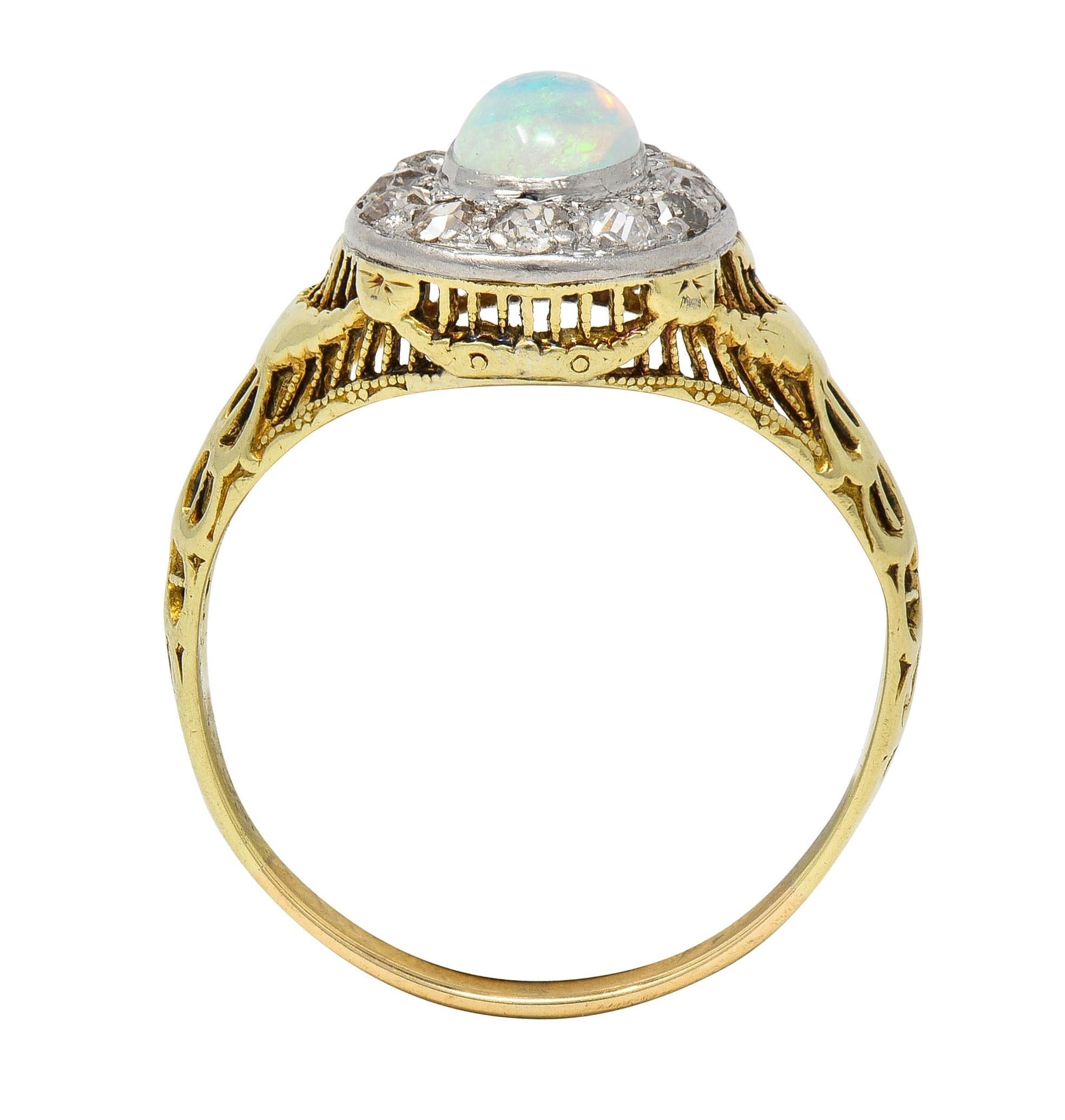 Edwardian Opal Diamond Platinum 14 Karat Gold Antique Garland Halo Ring