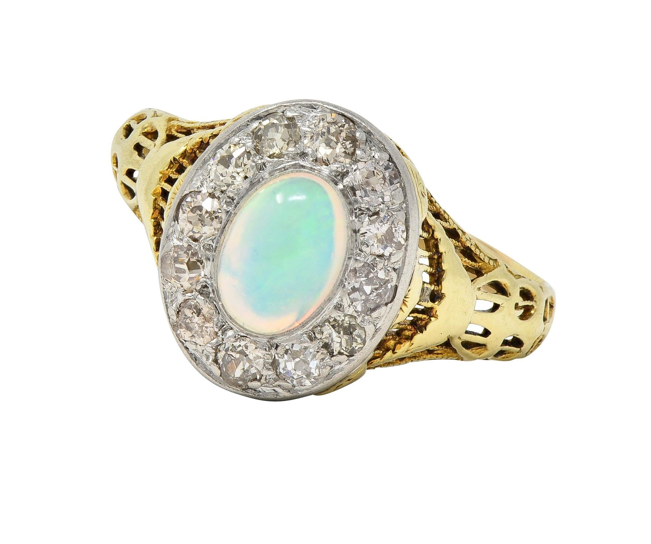 Edwardian Opal Diamond Platinum 14 Karat Gold Antique Garland Halo Ring