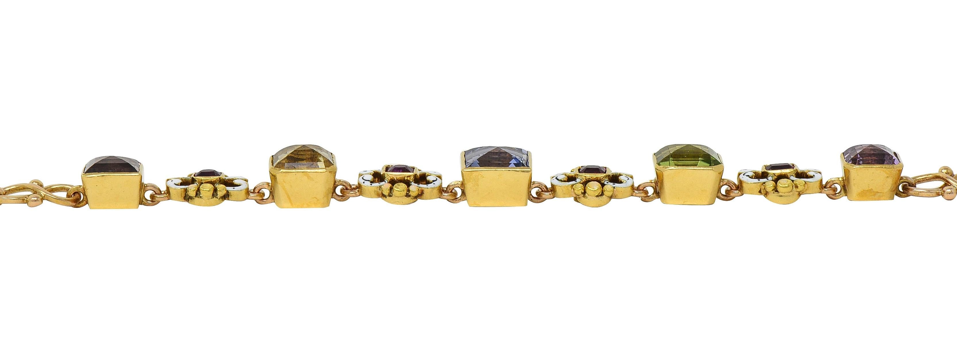 Victorian 12.72 CTW Multi-Gem Enamel 18 Karat Yellow Gold Antique Link Bracelet