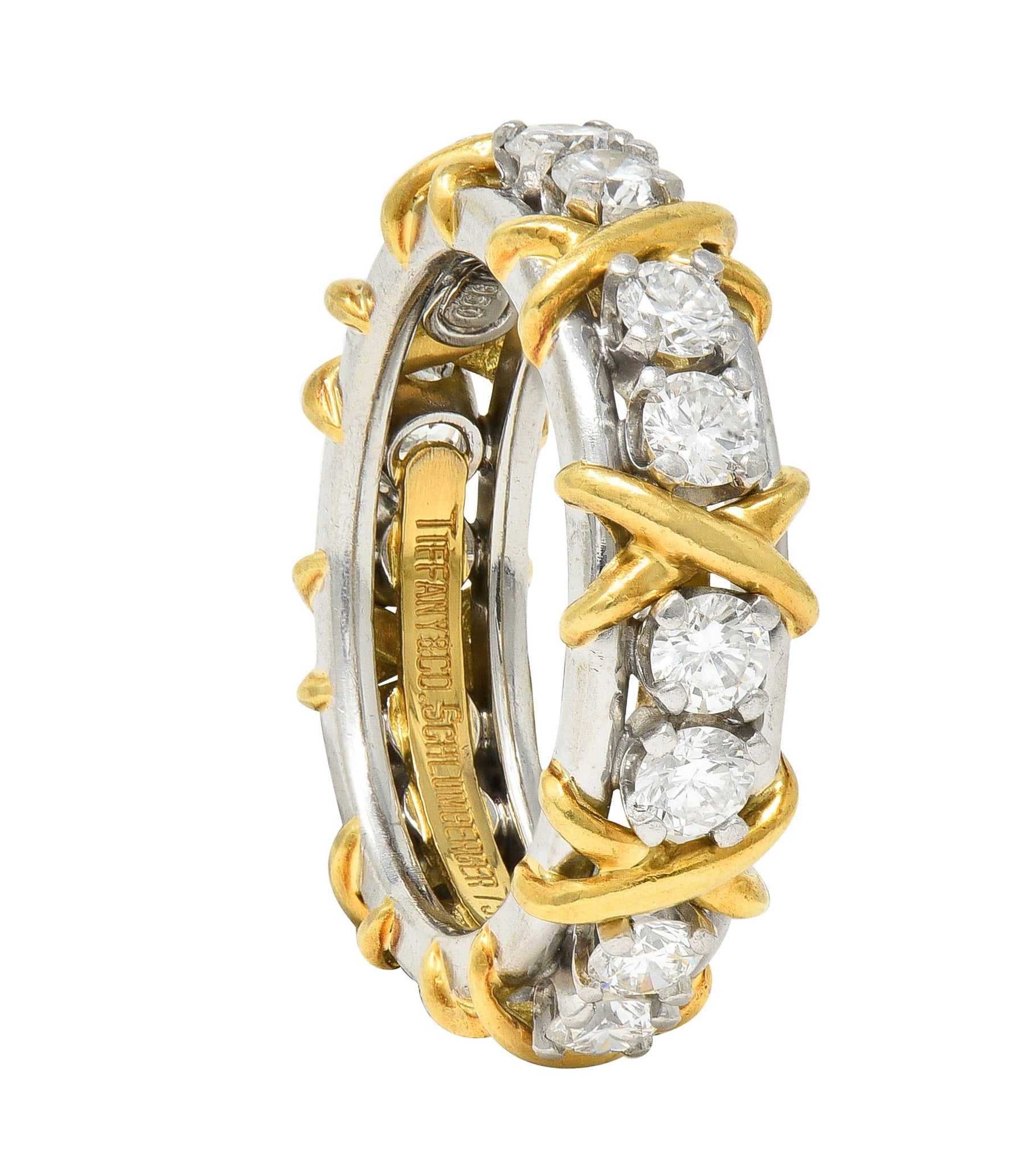 Jean Schlumberger Sixteen Stone Tiffany & Co. Diamond Platinum 18 Karat Gold X Band Ring Wilson's Estate Jewelry