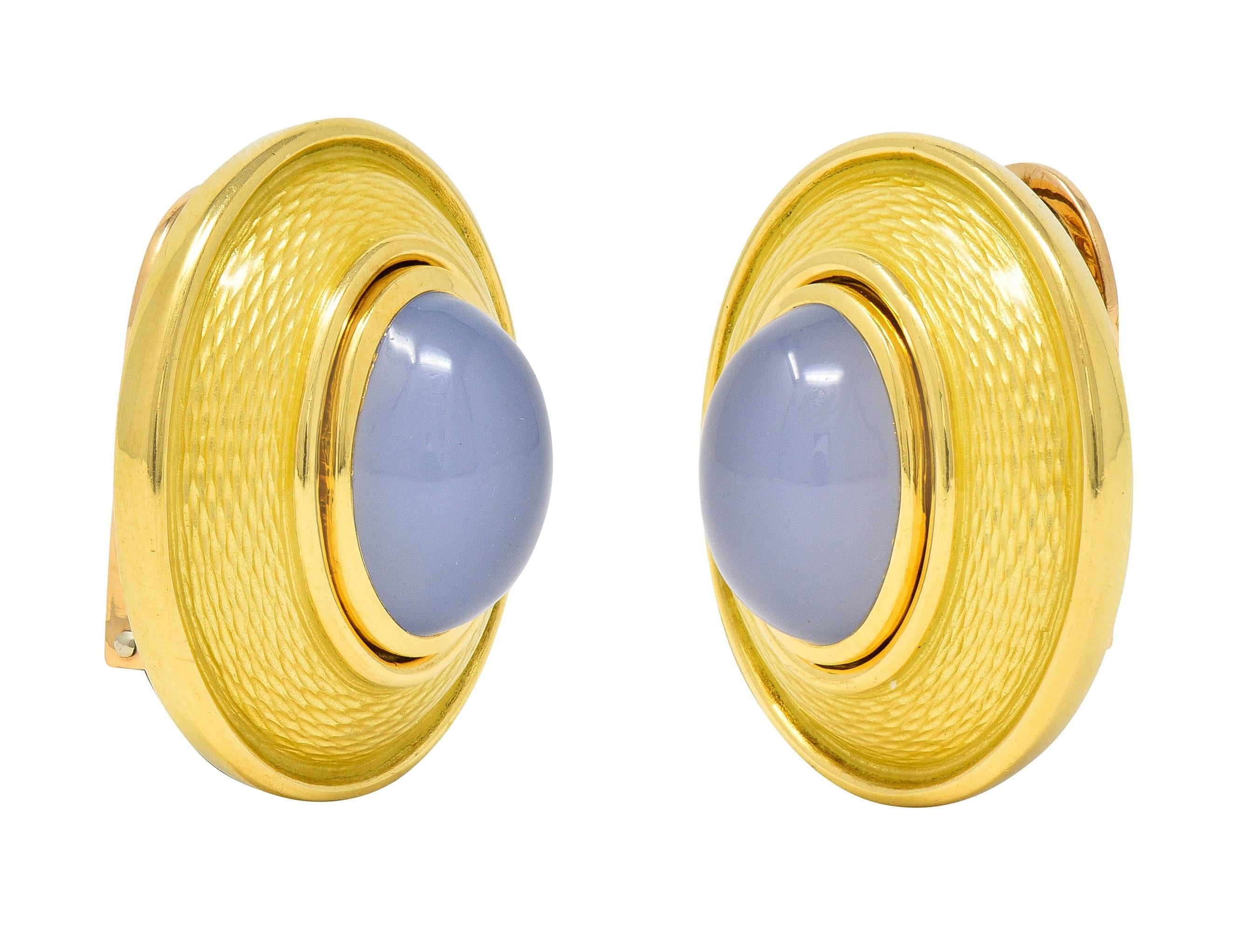 DeVroomen 1998 Blue Chalcedony Enamel 18K Yellow Gold Vintage Ear Clip Earrings