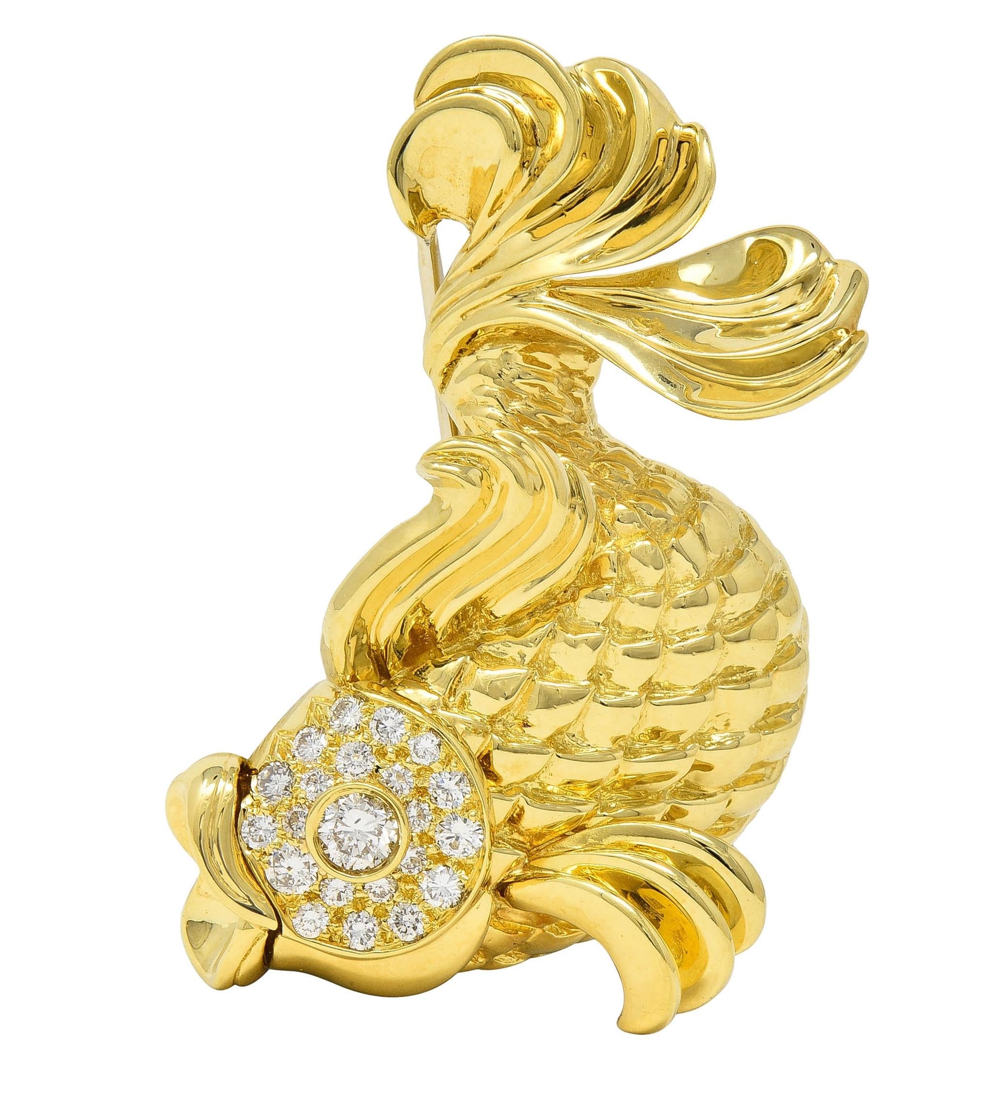 F.J. Cooper 1960's Diamond 18 Karat Yellow Gold Koi Fish Vintage Brooch