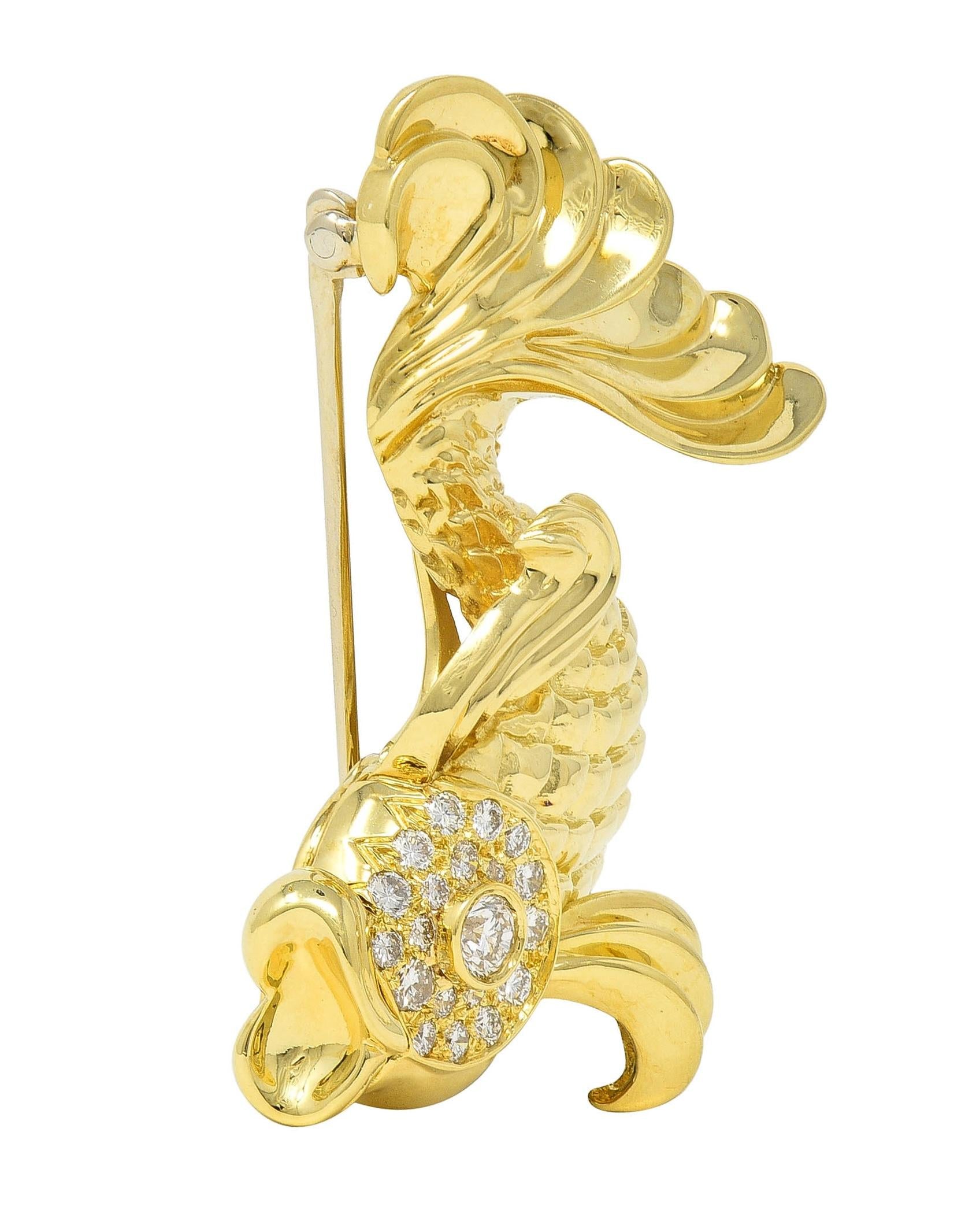 F.J. Cooper 1960's Diamond 18 Karat Yellow Gold Koi Fish Vintage Brooch