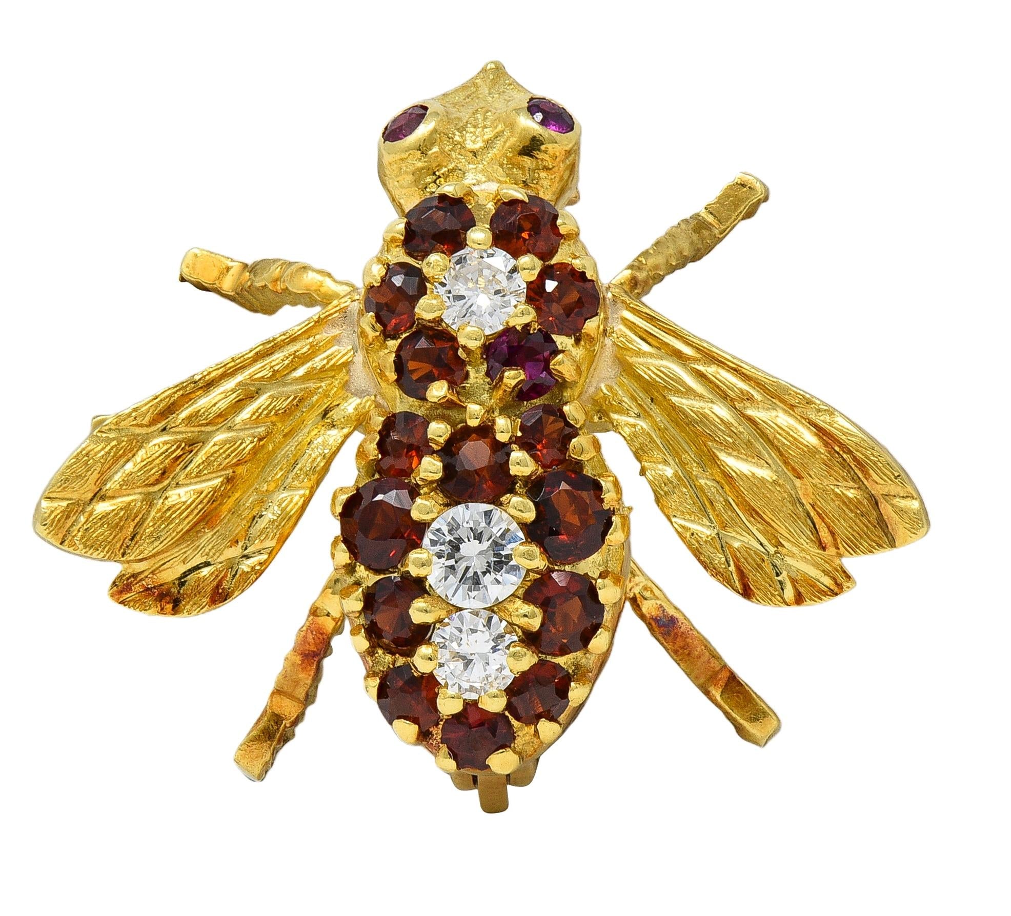 Rosenthal 1960's Diamond Ruby Citrine 18K Yellow Gold Vintage Bee Bug Brooch