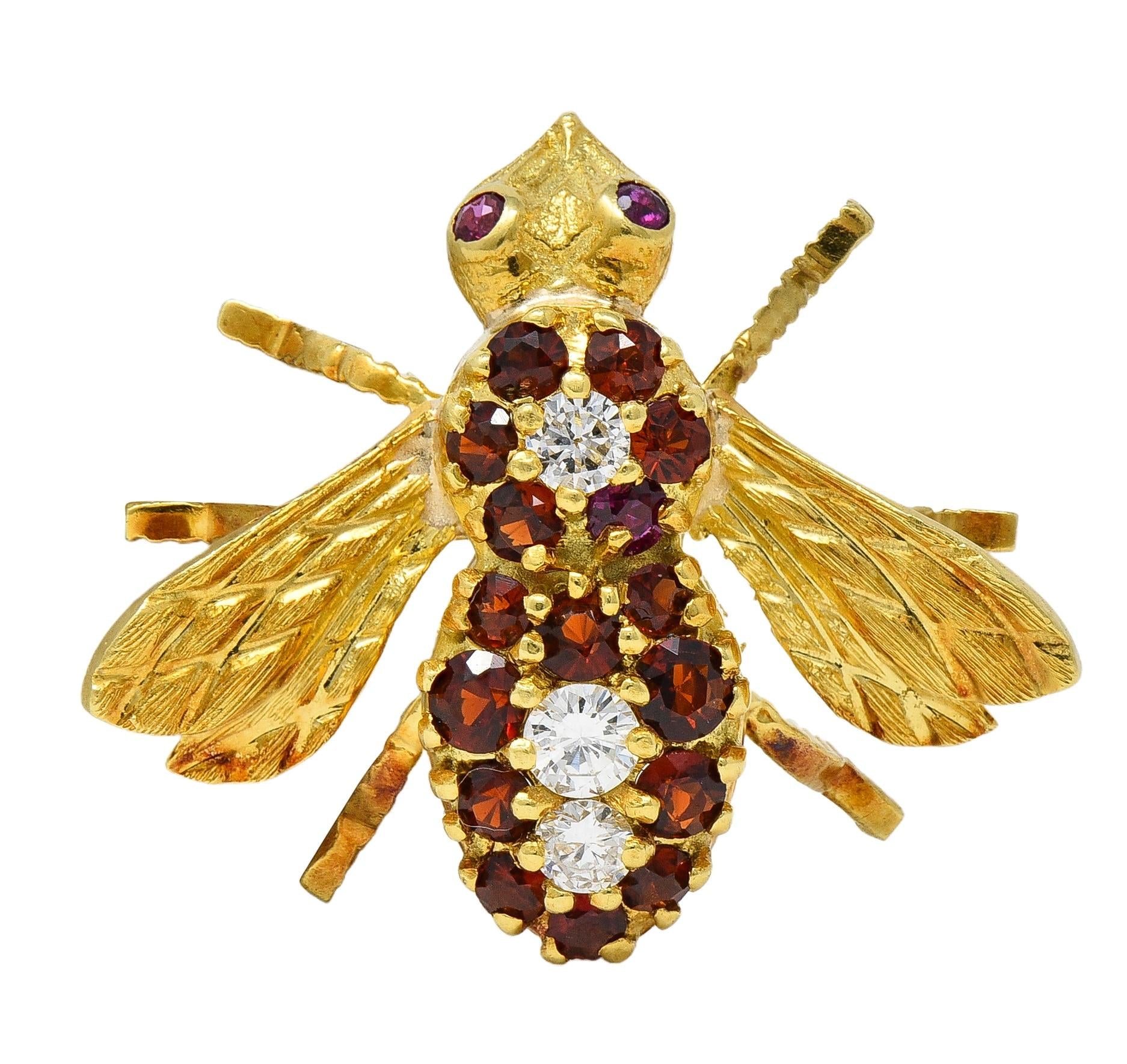Rosenthal 1960's Diamond Ruby Citrine 18K Yellow Gold Vintage Bee Bug Brooch