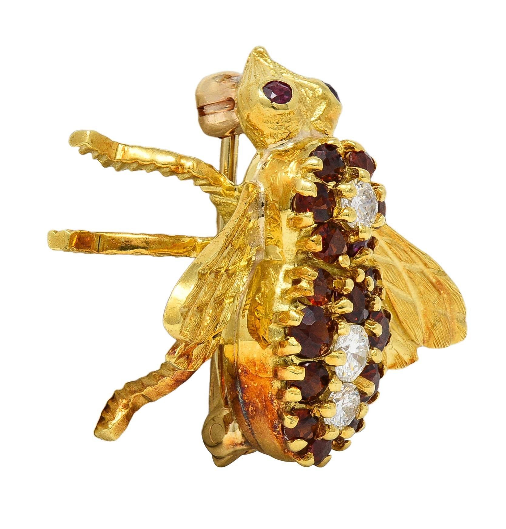 Rosenthal 1960's Diamond Ruby Citrine 18K Yellow Gold Vintage Bee Bug Brooch