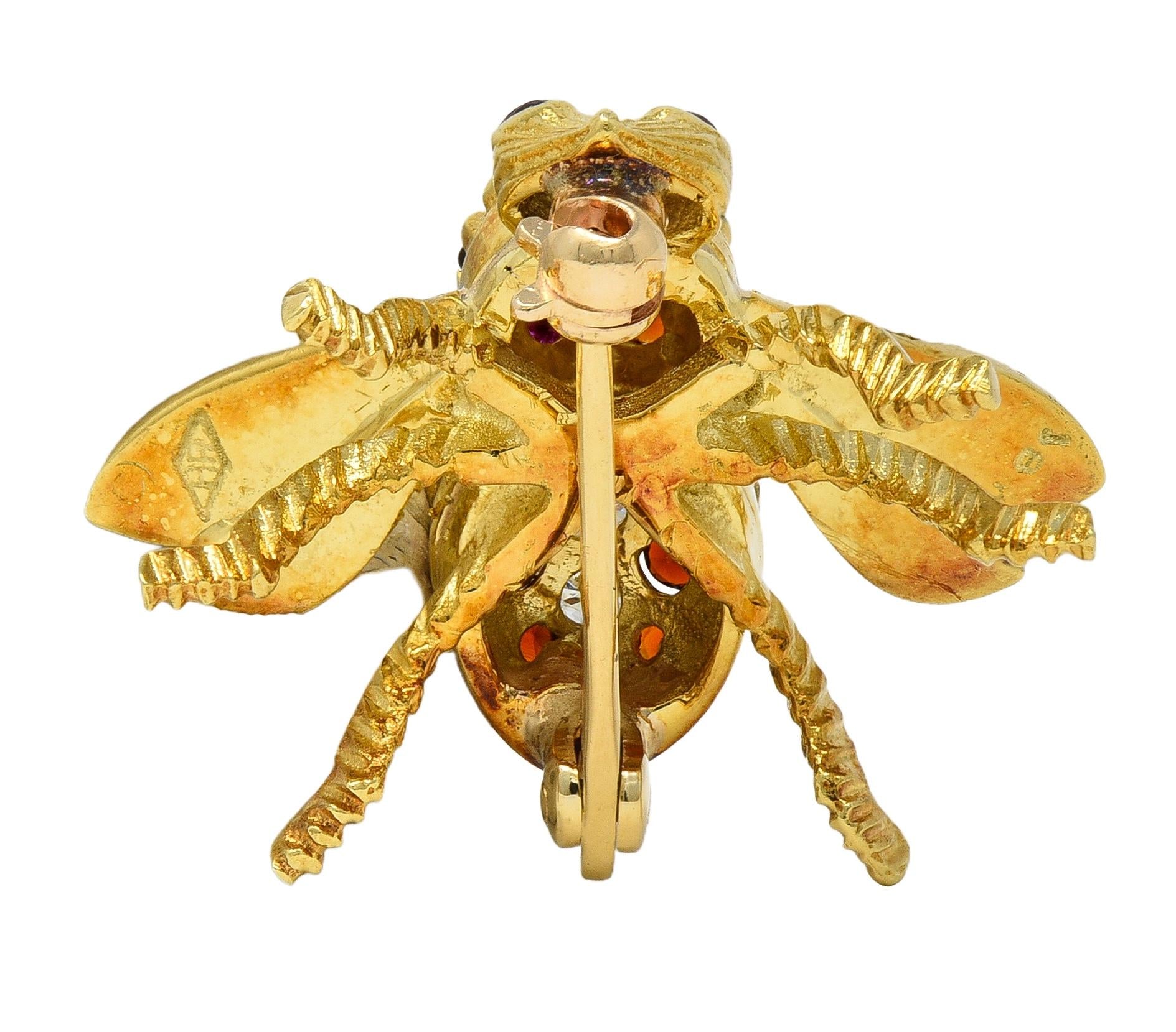 Rosenthal 1960's Diamond Ruby Citrine 18K Yellow Gold Vintage Bee Bug Brooch