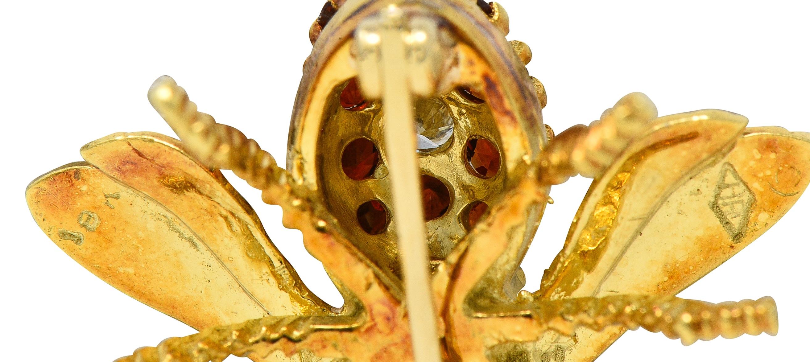 Rosenthal 1960's Diamond Ruby Citrine 18K Yellow Gold Vintage Bee Bug Brooch