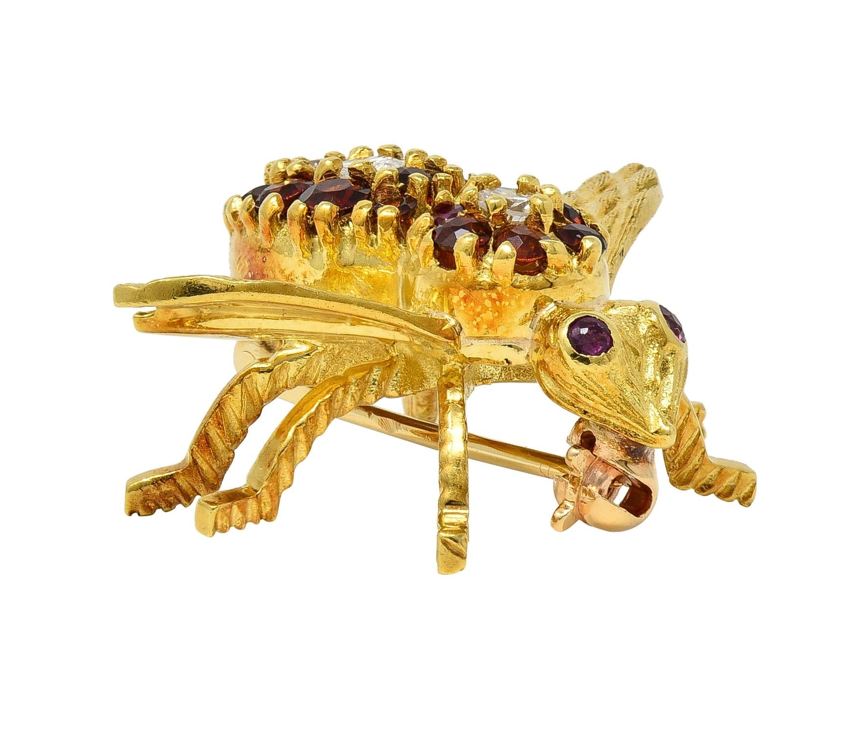 Rosenthal 1960's Diamond Ruby Citrine 18K Yellow Gold Vintage Bee Bug Brooch