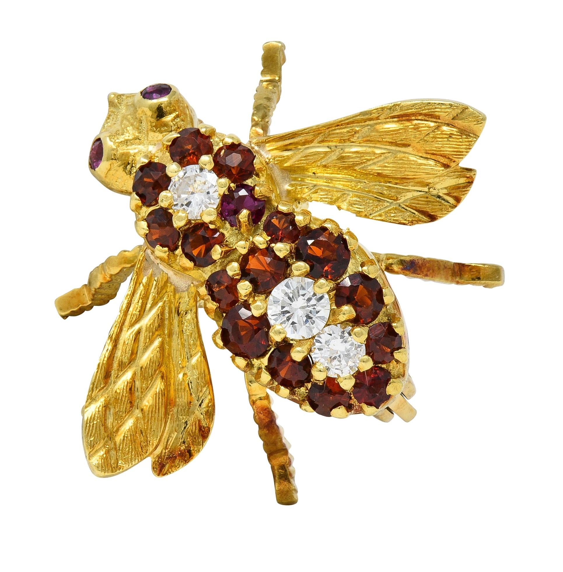 Rosenthal 1960's Diamond Ruby Citrine 18K Yellow Gold Vintage Bee Bug Brooch