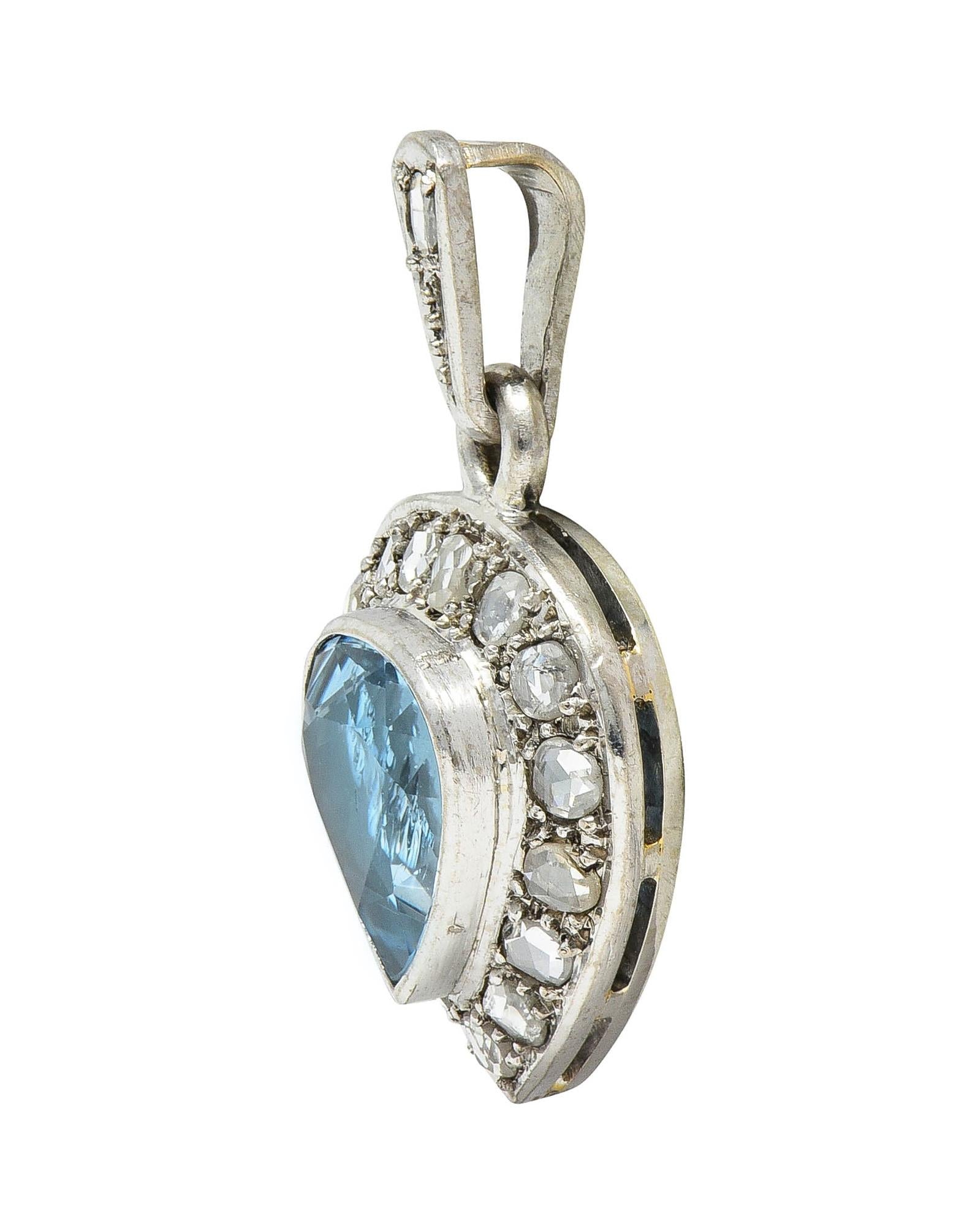 Art Deco 3.07 CTW Aquamarine Diamond 14 Karat White Gold Vintage Heart Pendant