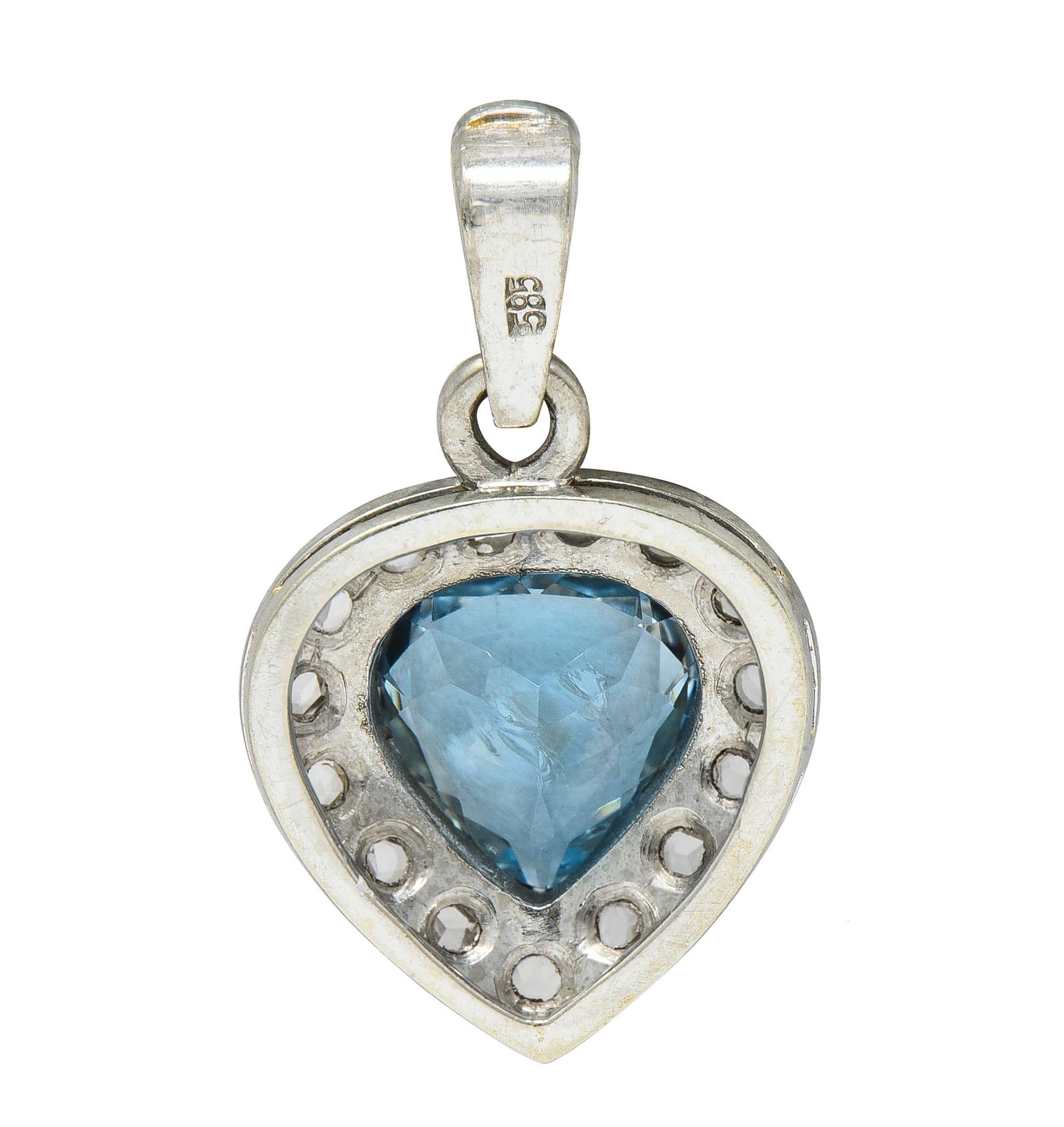 Art Deco 3.07 CTW Aquamarine Diamond 14 Karat White Gold Vintage Heart Pendant