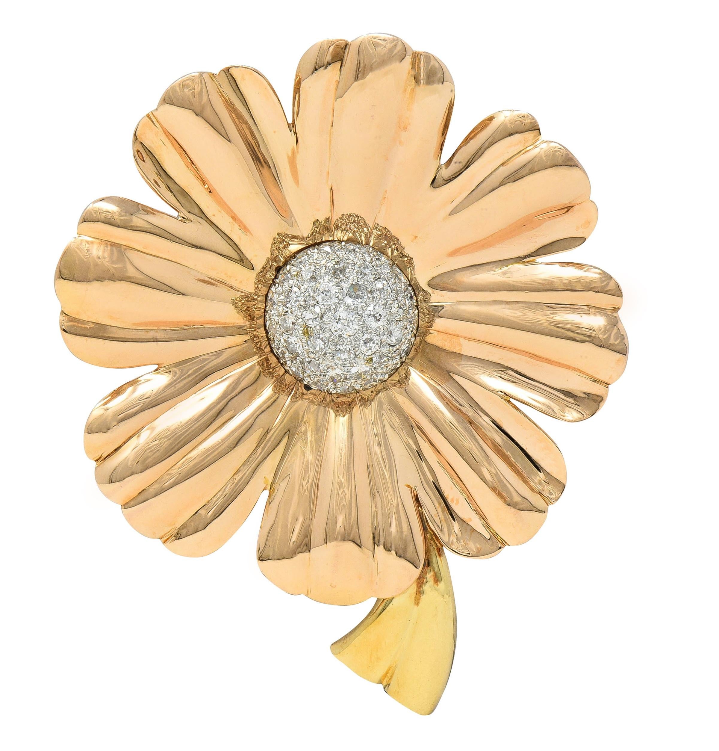 Retro 1.46 CTW Diamond 14 Karat Tri-Gold Vintage Daisy Flower Brooch