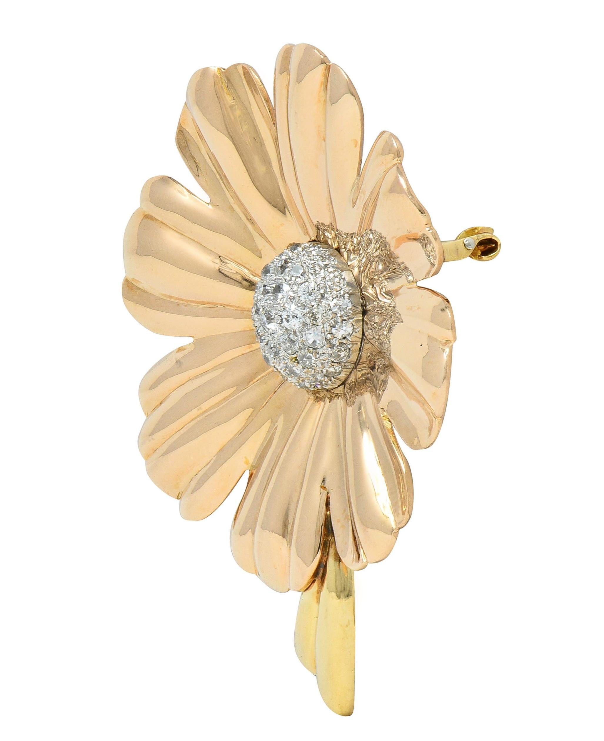 Retro 1.46 CTW Diamond 14 Karat Tri-Gold Vintage Daisy Flower Brooch