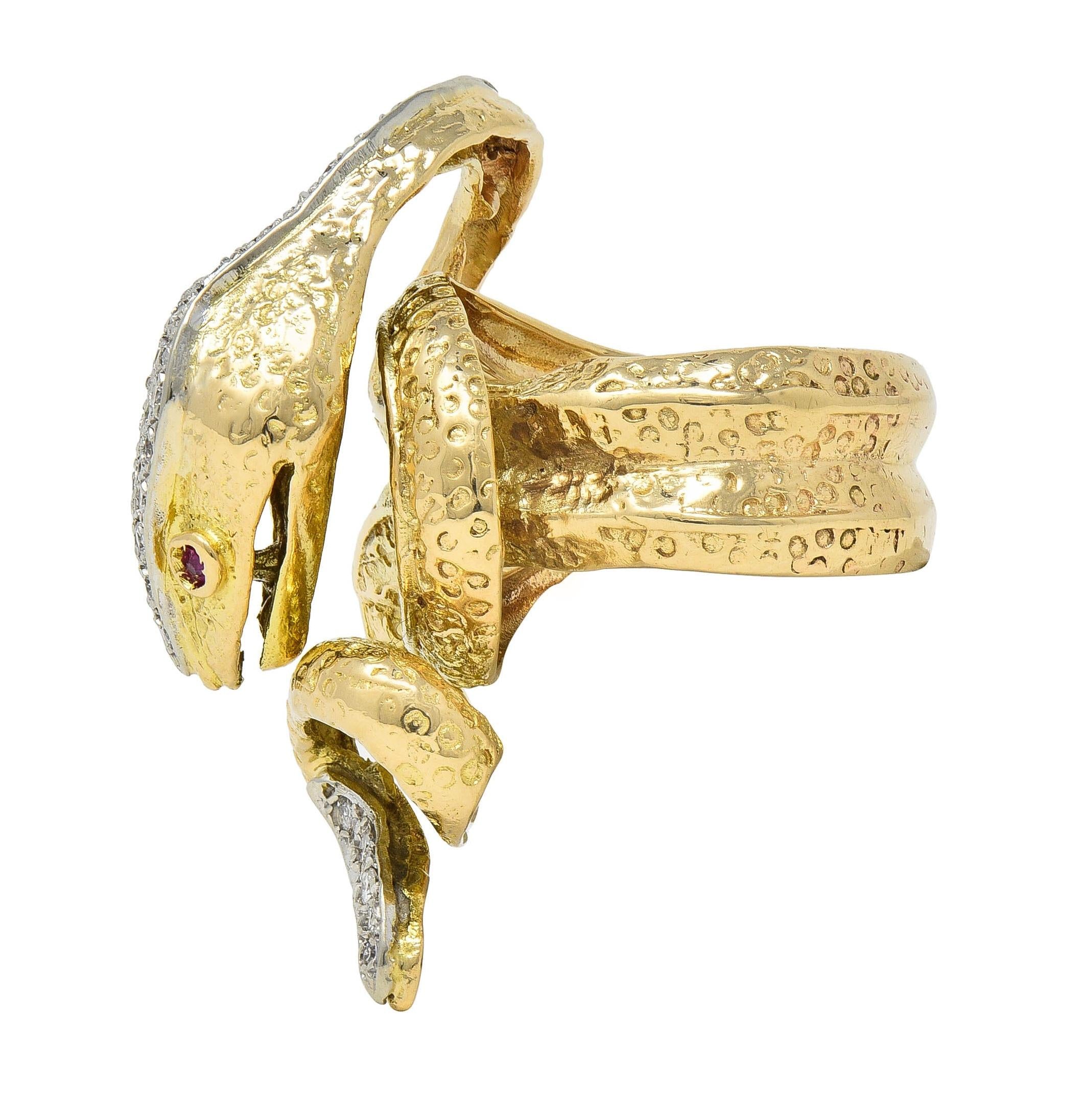 1970's 1.00 CTW Diamond Ruby 14 Karat Two-Tone Gold Vintage Snake Ring