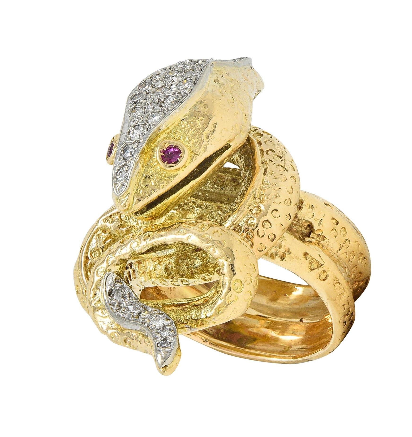 1970's 1.00 CTW Diamond Ruby 14 Karat Two-Tone Gold Vintage Snake Ring