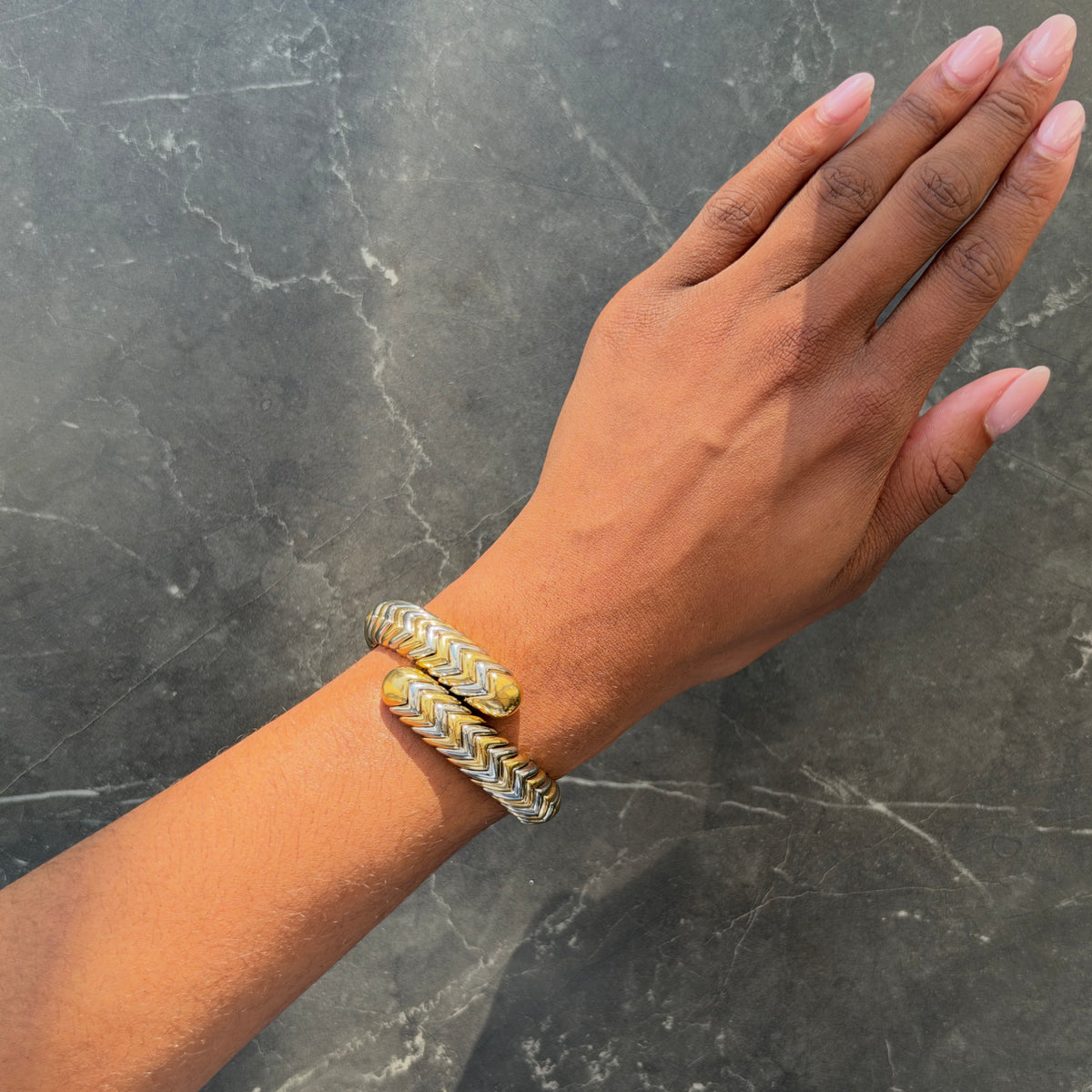 Bulgari 18 Karat Yellow Gold Stainless Steel Chevron Spiga Wrap Vintage Bangle Bracelet