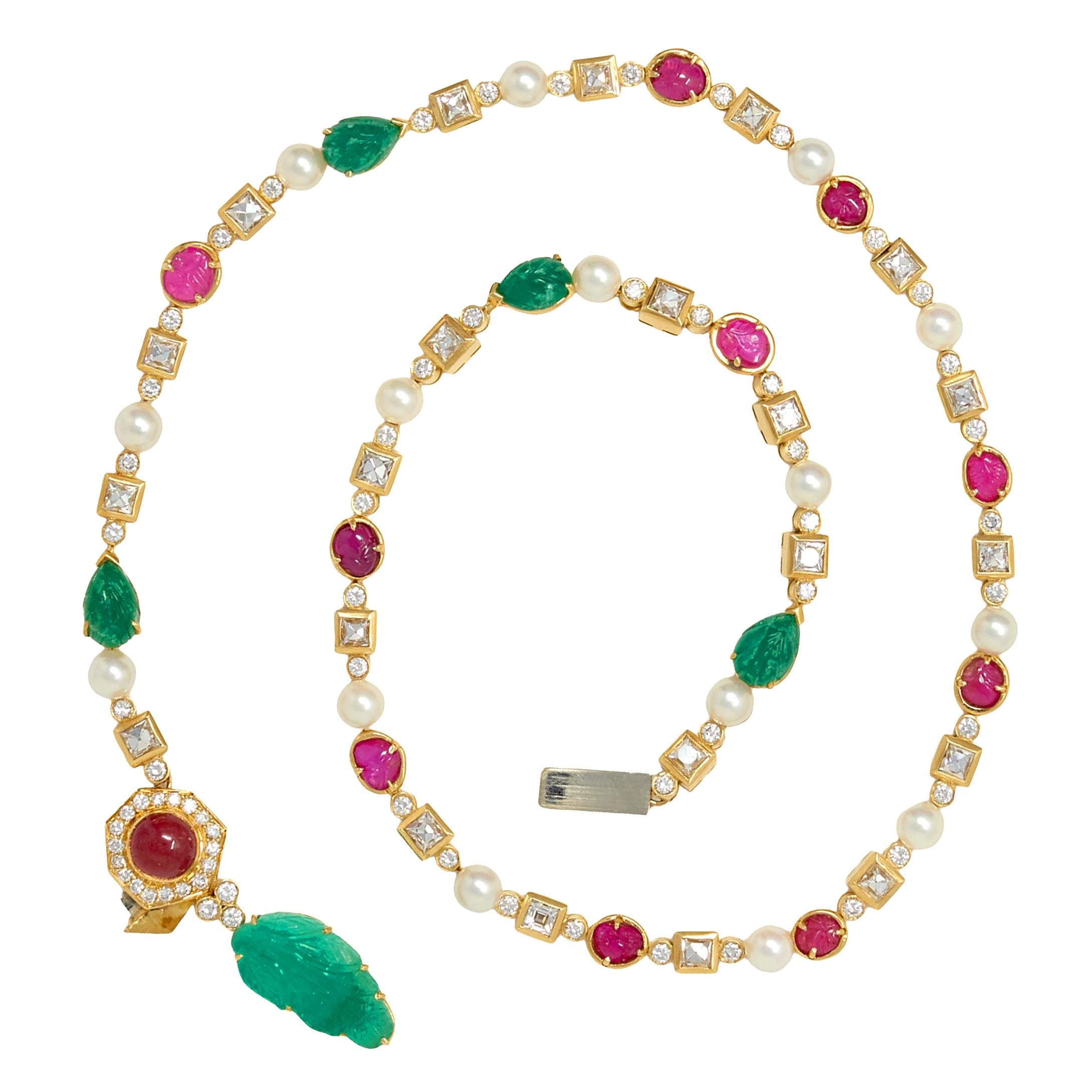 Van Cleef & Arpels 1970s Emerald Diamond Ruby 18K Yellow Gold Vintage Necklace