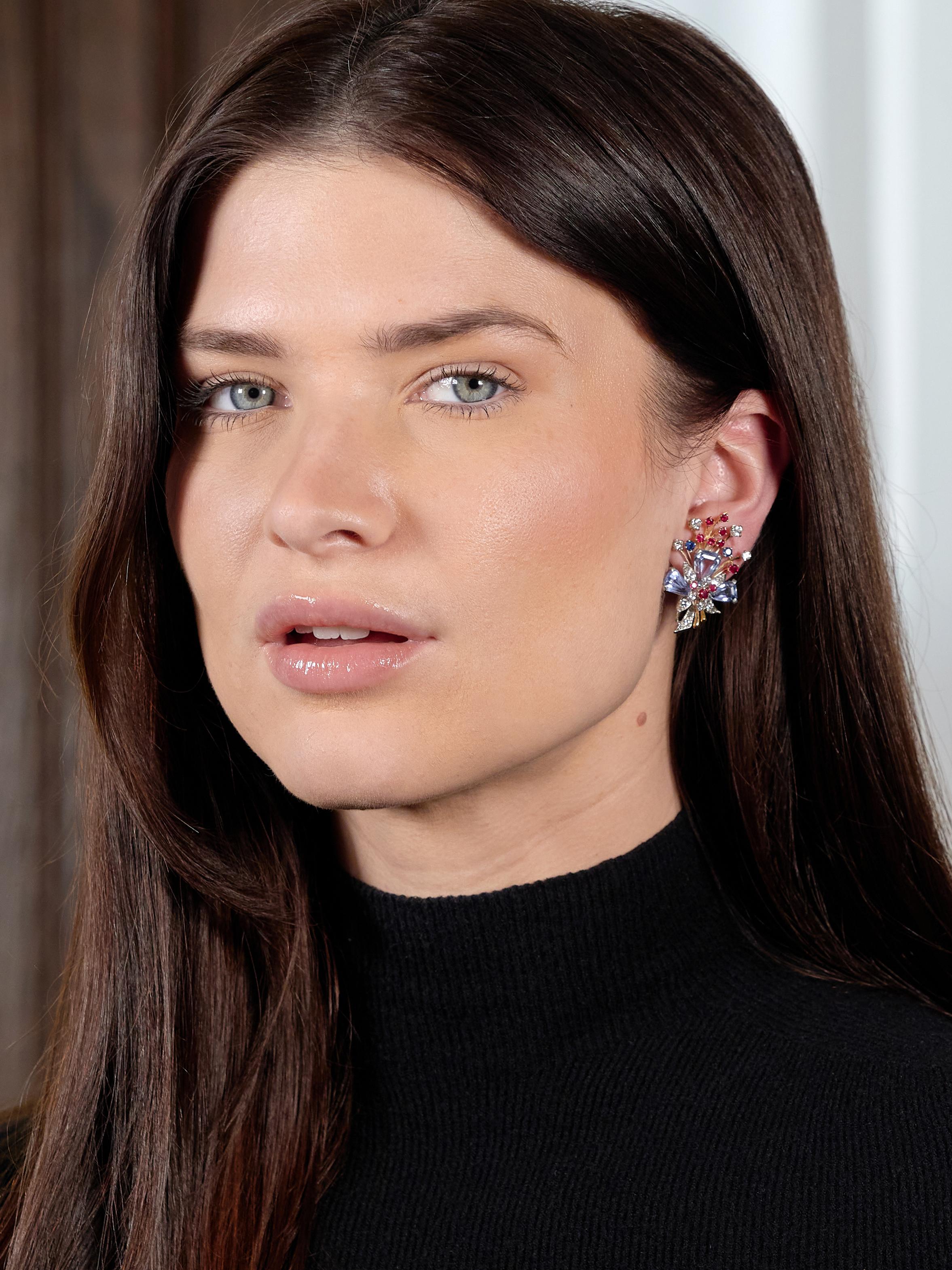 Tiffany & Co. Retro Sapphire Ruby Diamond 18K Gold Vintage Floral Spray Earrings