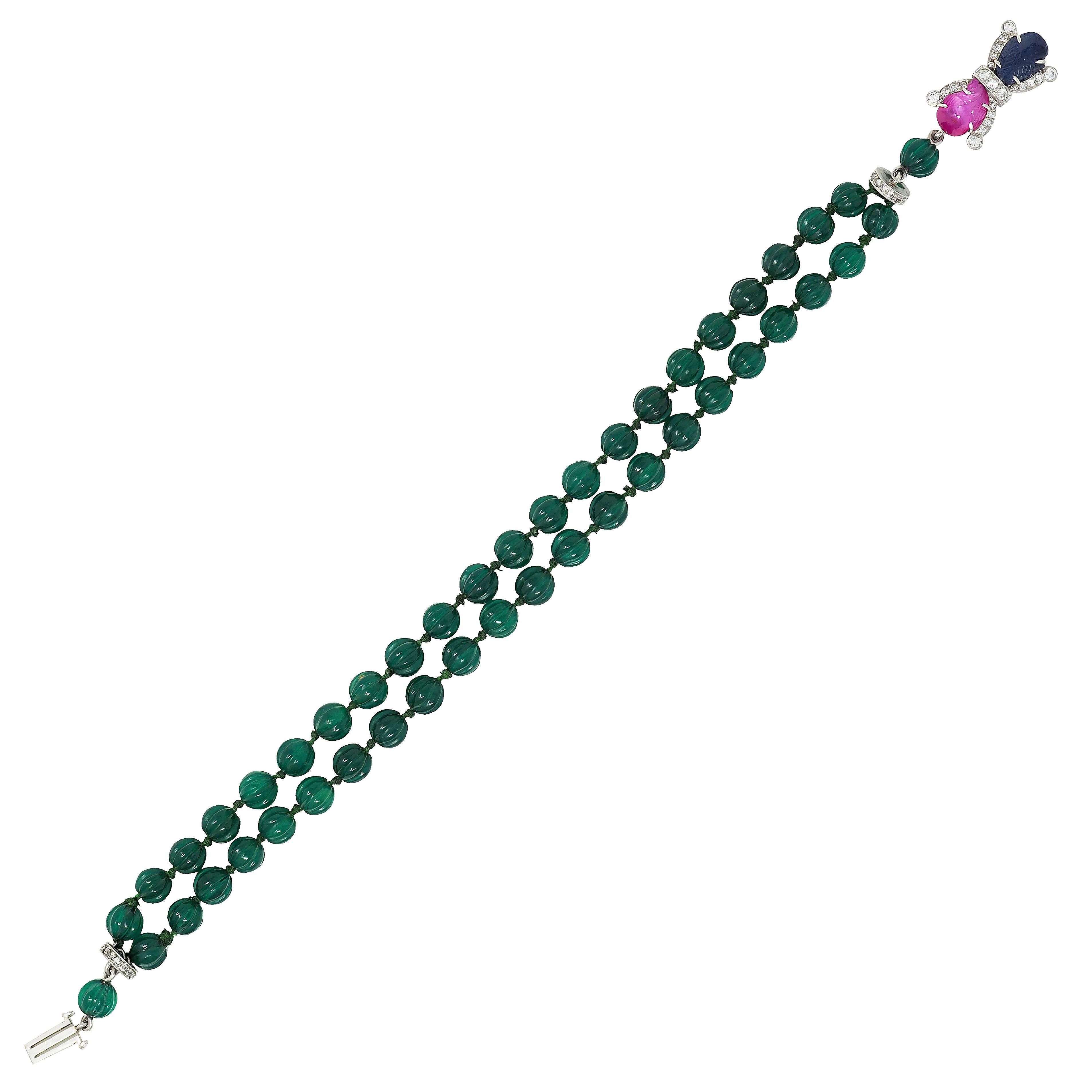 Art Deco Chrysoprase Multi-Gem Platinum Vintage Tutti-Frutti Beaded Bracelet