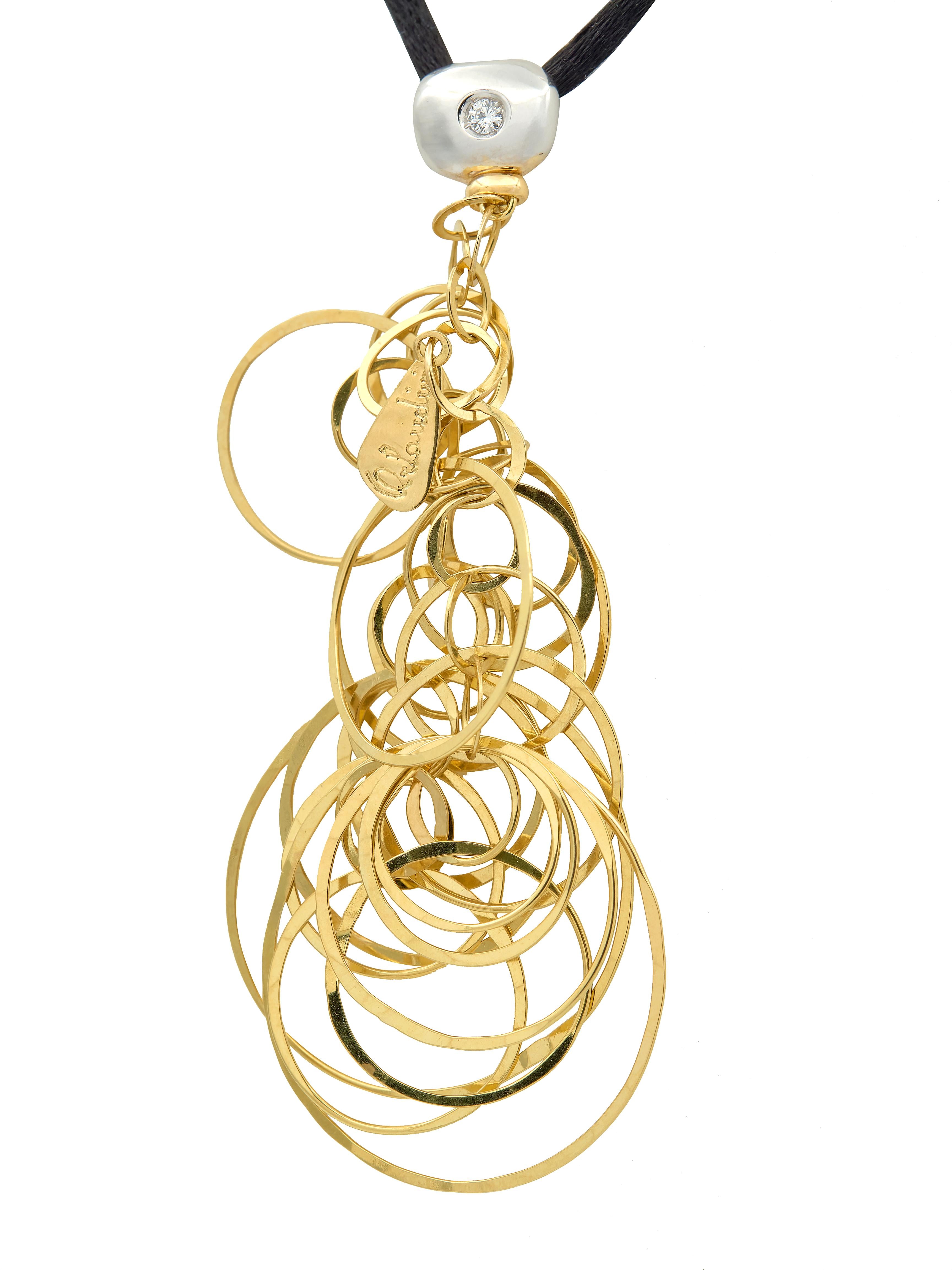 Orlandini 2000's Diamond 18 Karat Two-Tone Gold Hoop Pendant Silk Cord Necklace