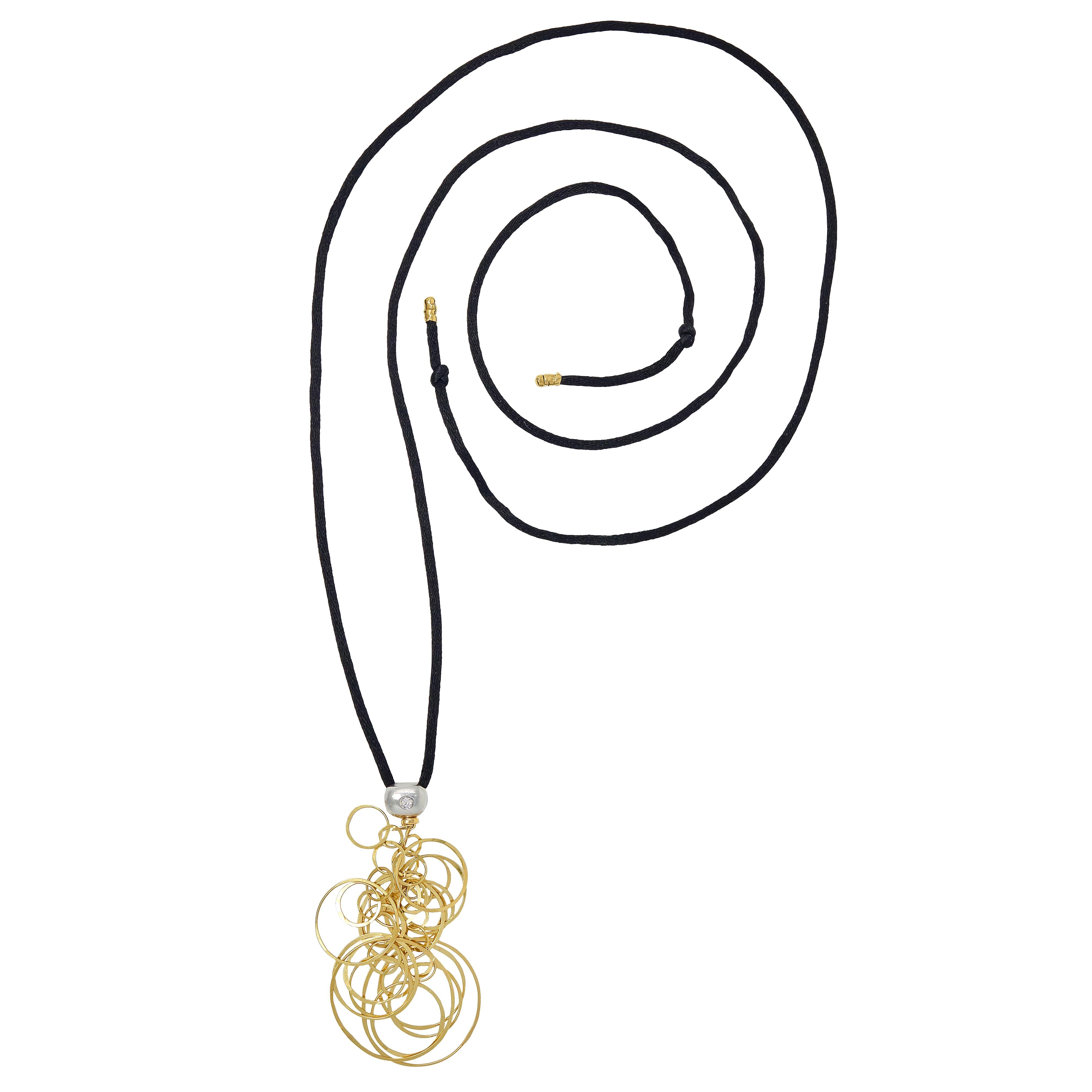 Orlandini 2000's Diamond 18 Karat Two-Tone Gold Hoop Pendant Silk Cord Necklace
