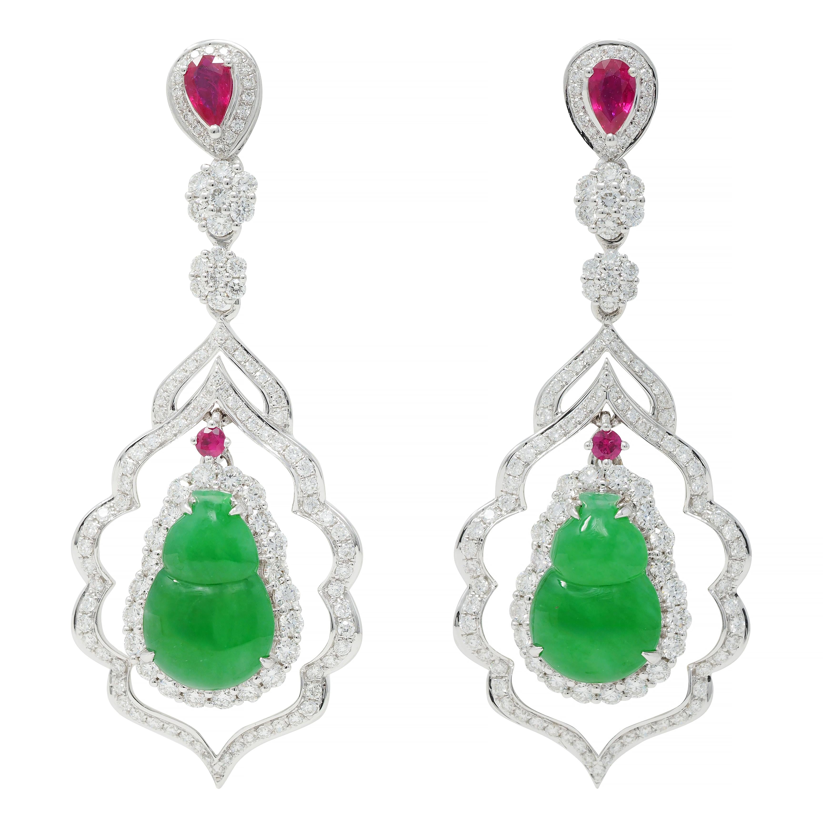 Contemporary 2.69 CTW Diamond Ruby Jade 18 Karat Two-Tone Gold Drop Earrings