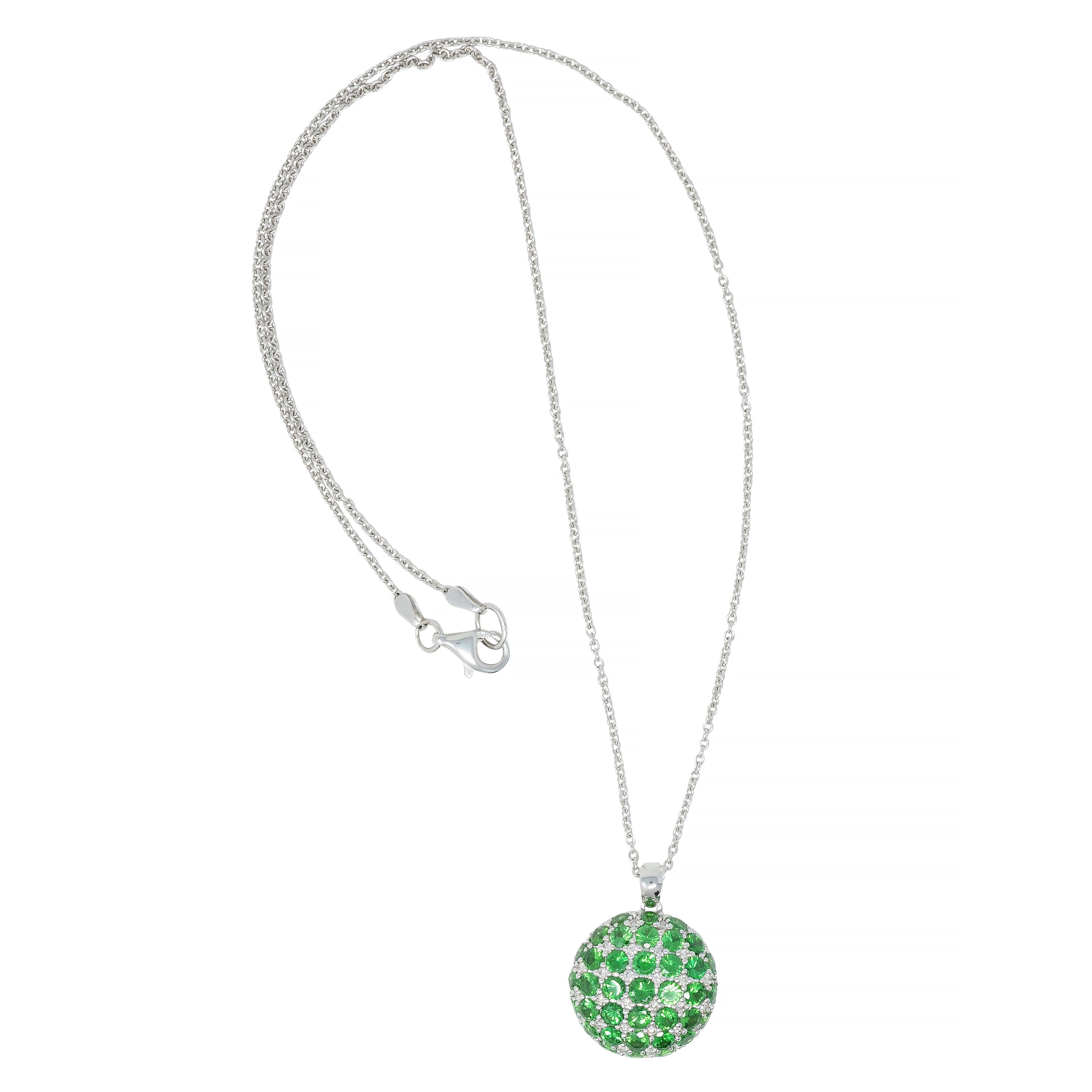 2.85 CTW Demantoid Garnet 18 Karat White Gold Circle Pendant Necklace