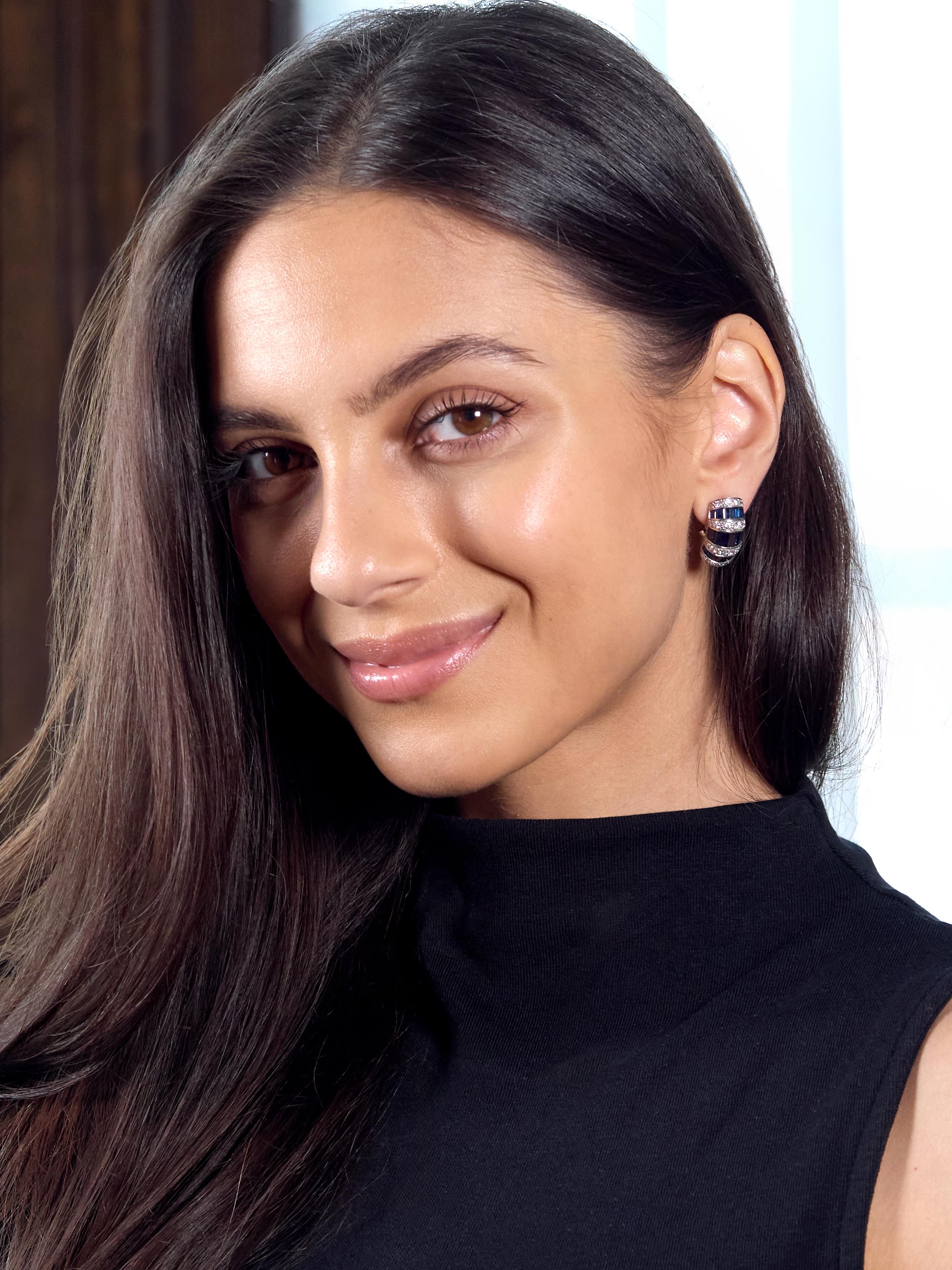 Oscar Heyman 1980's Diamond Sapphire Platinum Vintage J-Hoop Earrings