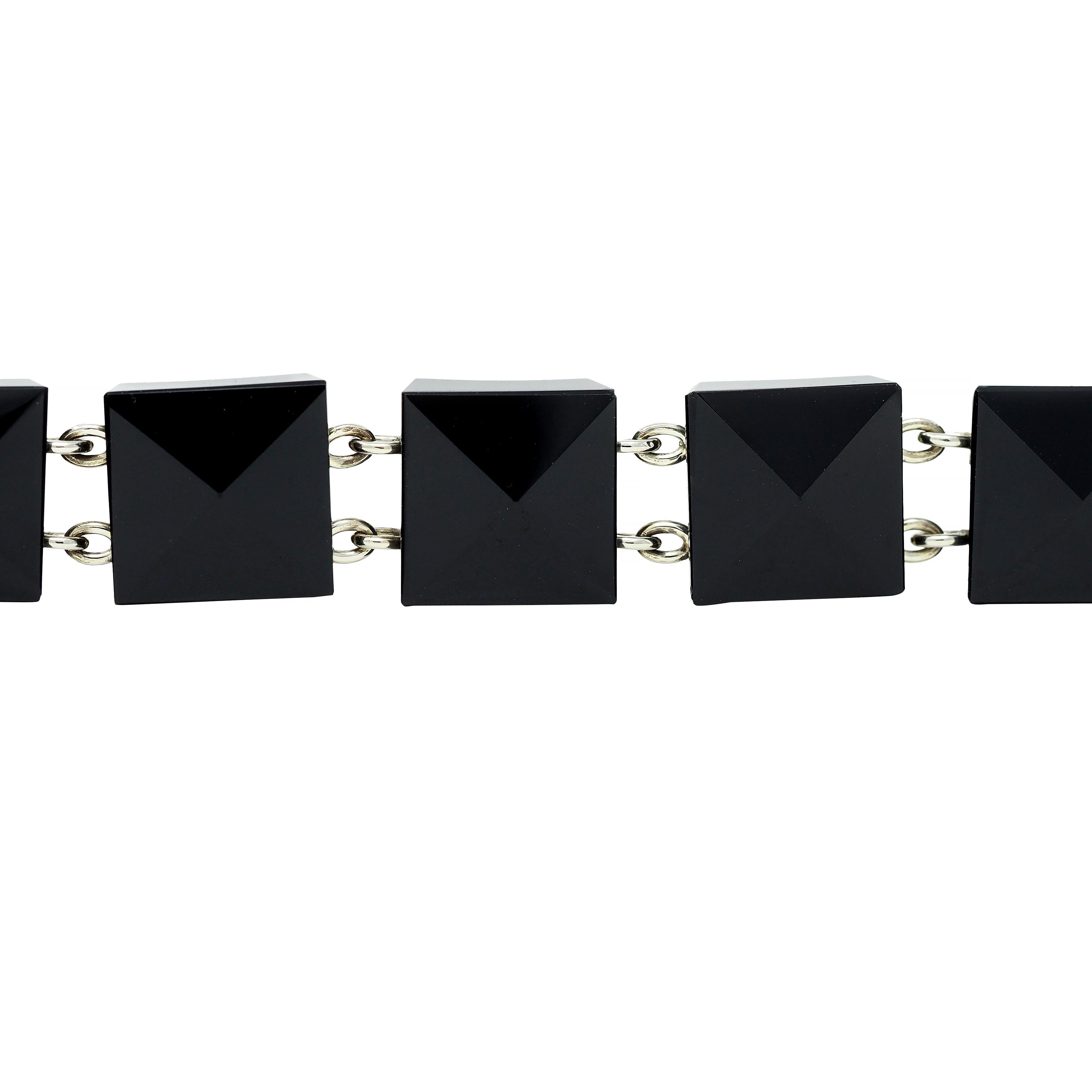 Early Art Deco Onyx 18 Karat White Gold Pyramid Link Antique Bracelet