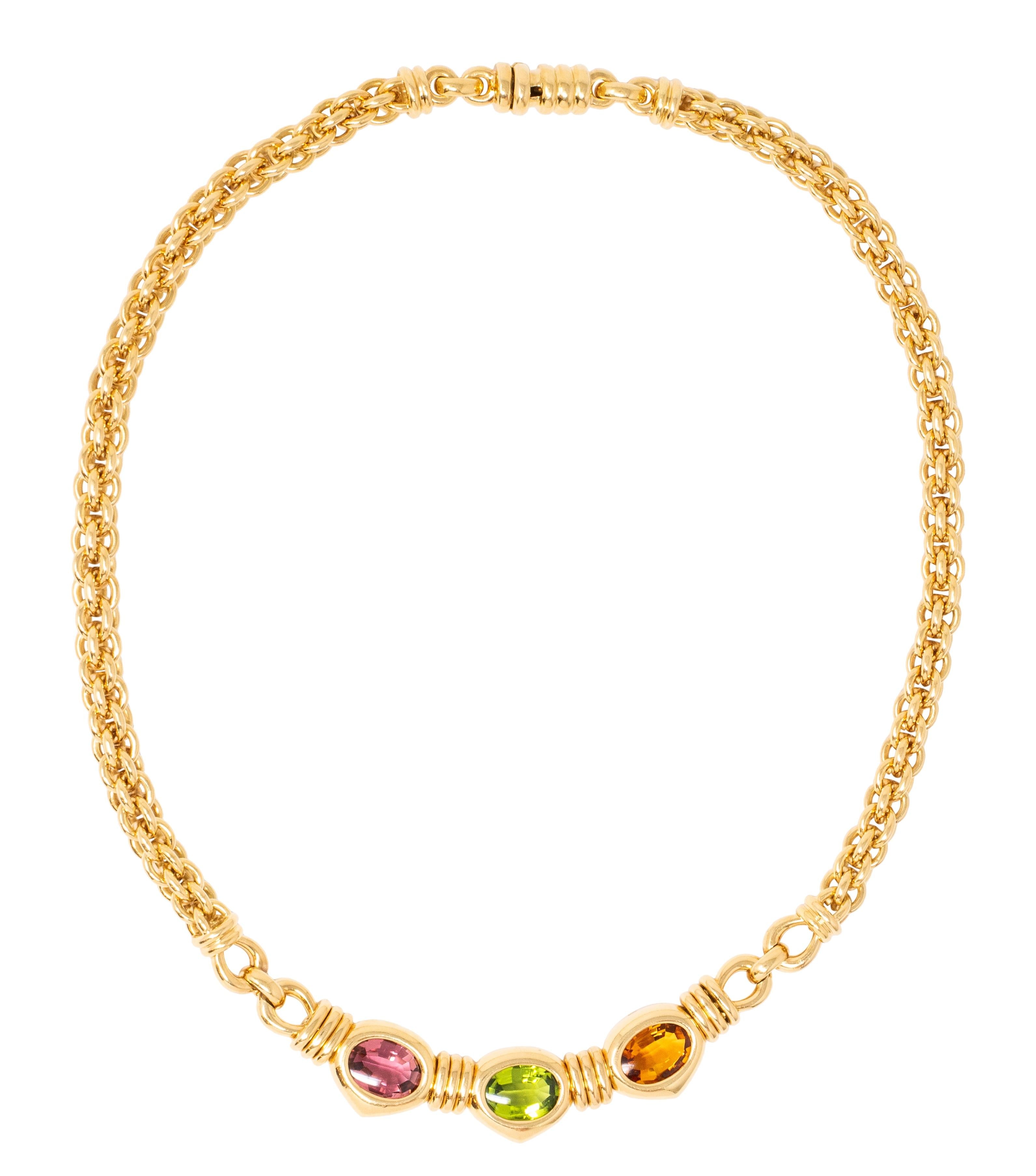 Bulgari 1980's Multi-Gem 18K YG 18K Gold Vintage Three Stone Station Necklace