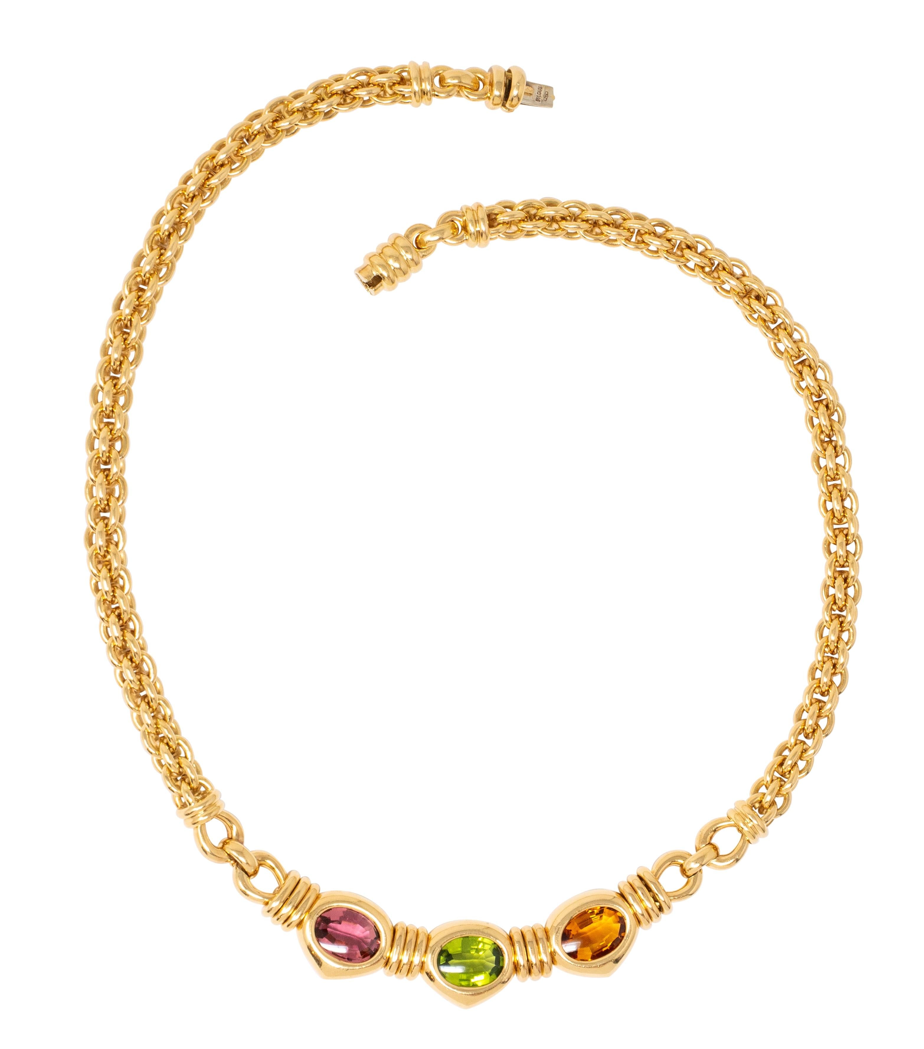 Bulgari 1980's Multi-Gem 18K YG 18K Gold Vintage Three Stone Station Necklace