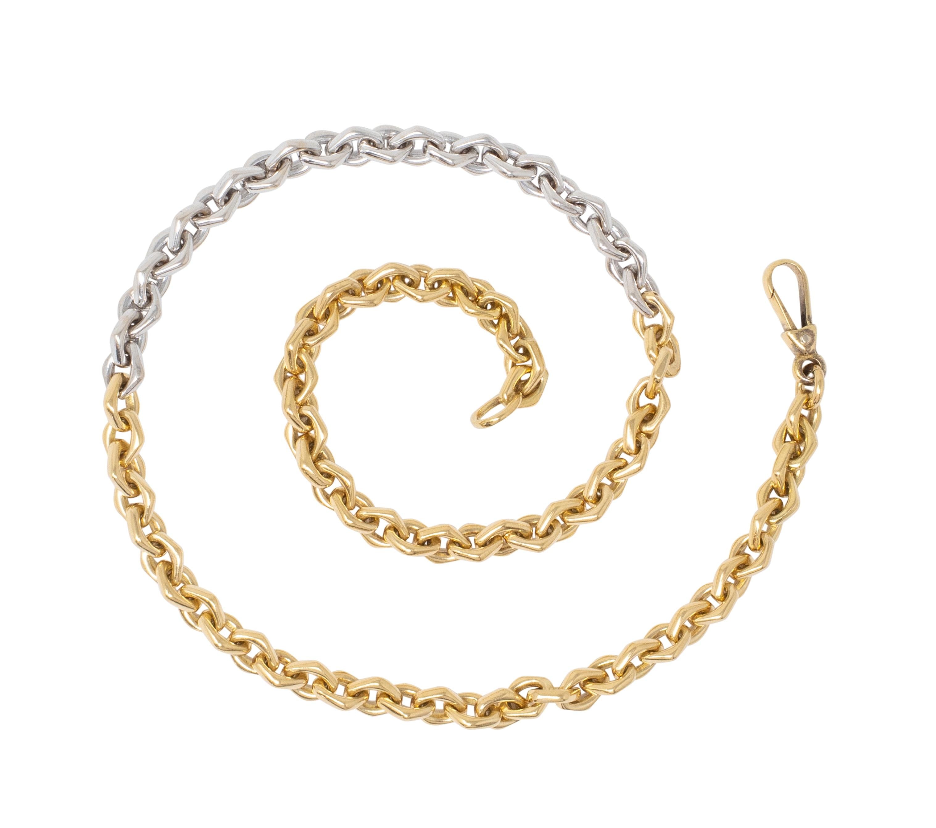Bulgari 1970's 18 Karat Two-Tone Gold Vintage Navette Unisex Chain Link Necklace