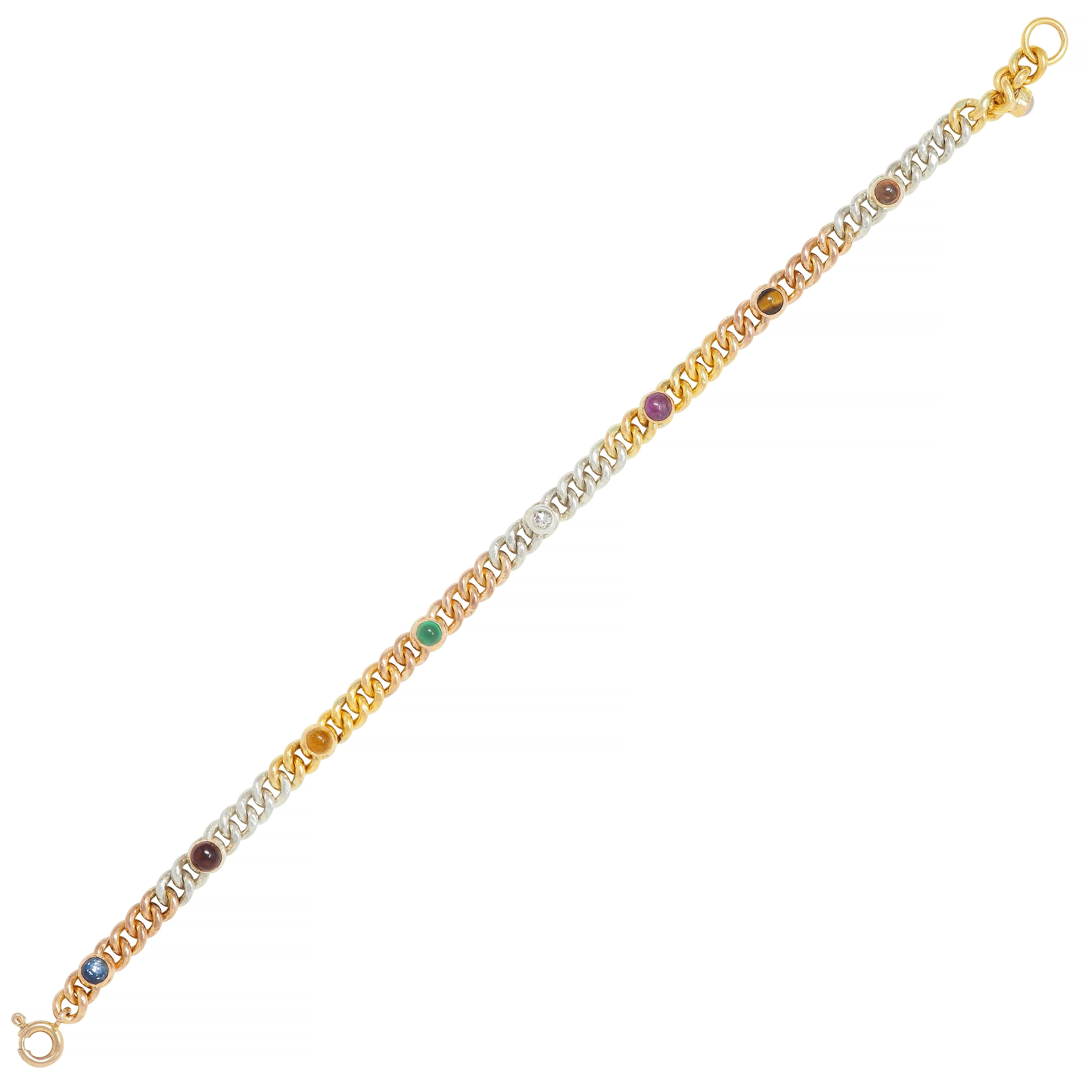 Victorian Multi-Gem Silver 14K Two-Tone Gold Navantra Antique Curb Link Bracelet