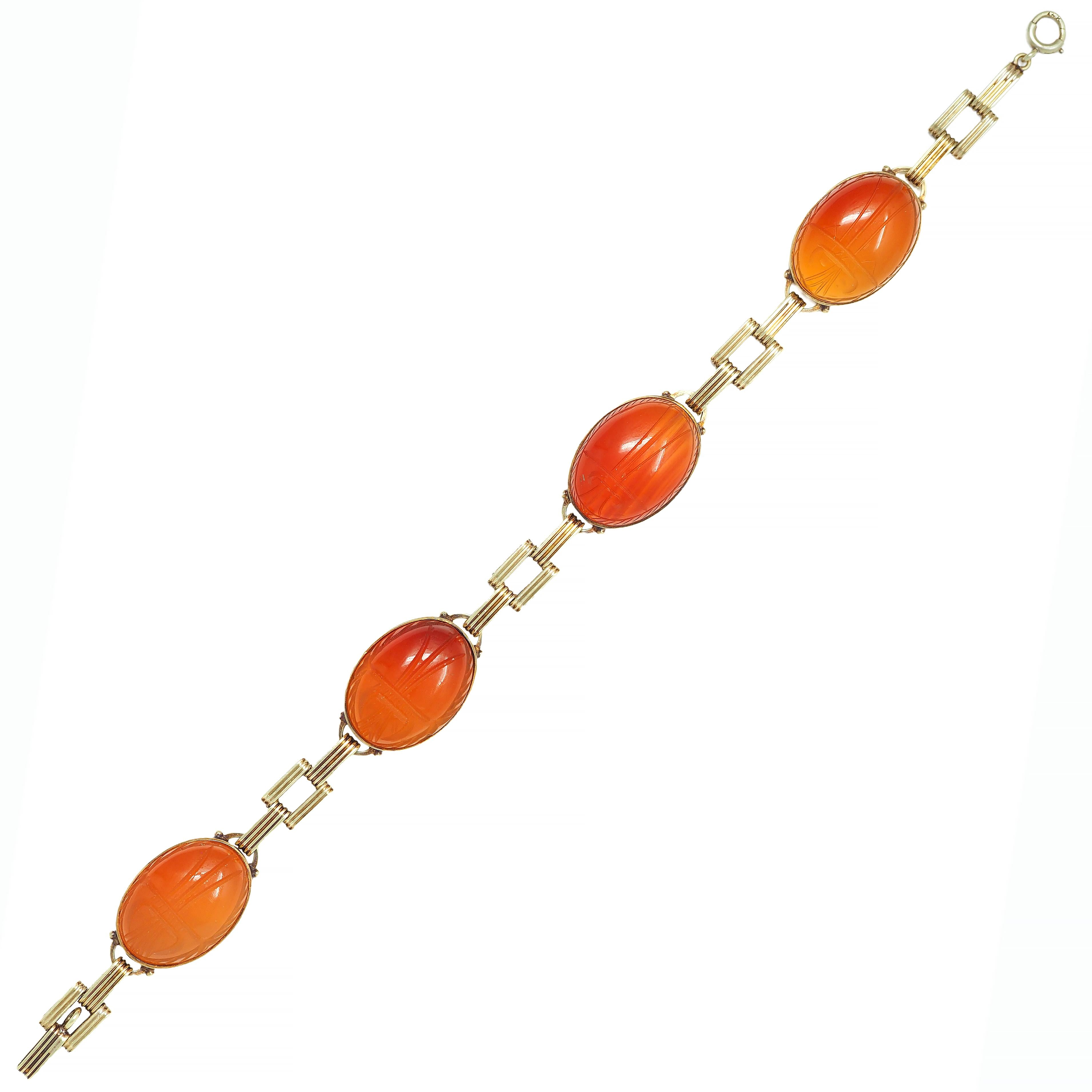 Victorian Egyptian Revival Carnelian 14K Gold Antique Scarab Link Bracelet