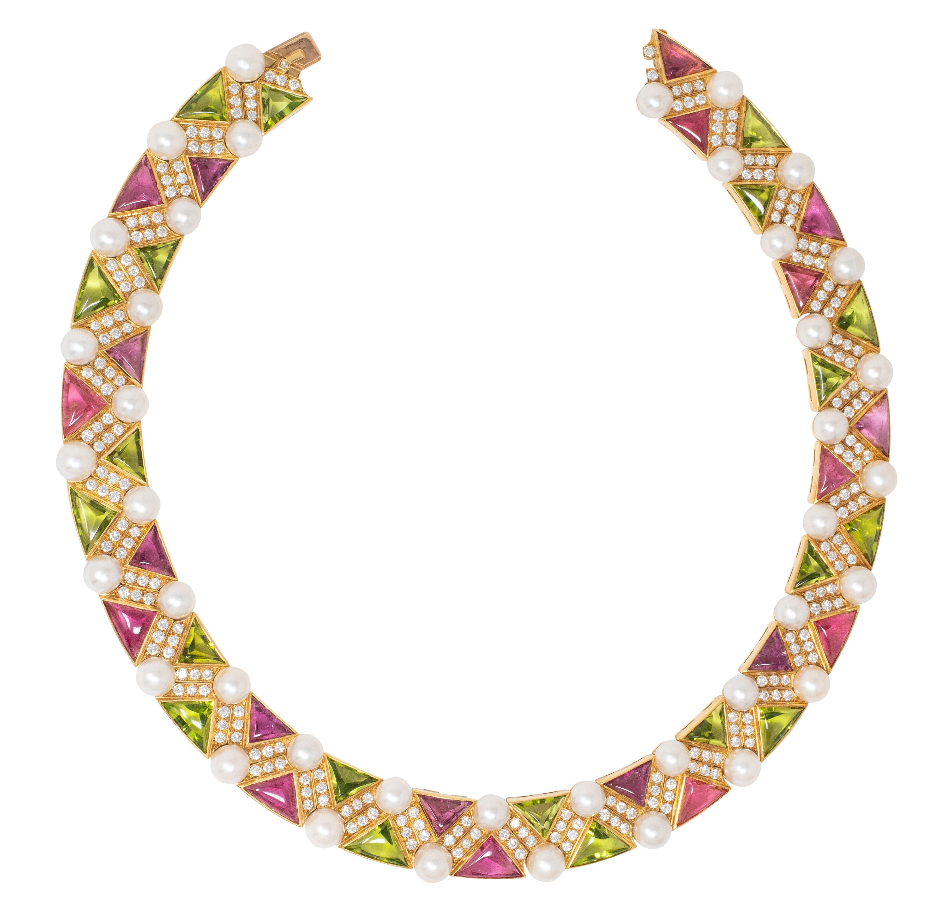 Bulgari 1989 Diamond Pearl Multi-Gem 18K Gold Vintage Geometric Collar Necklace