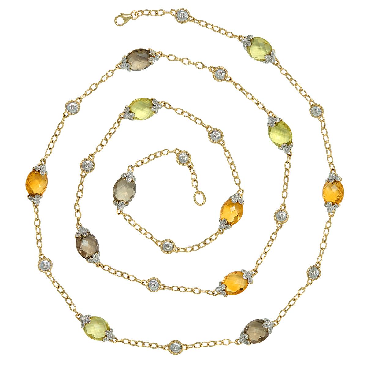 2000's Diamond Multi-Gem 14K Two-Tone Gold Contemporary Beaded Station Necklace