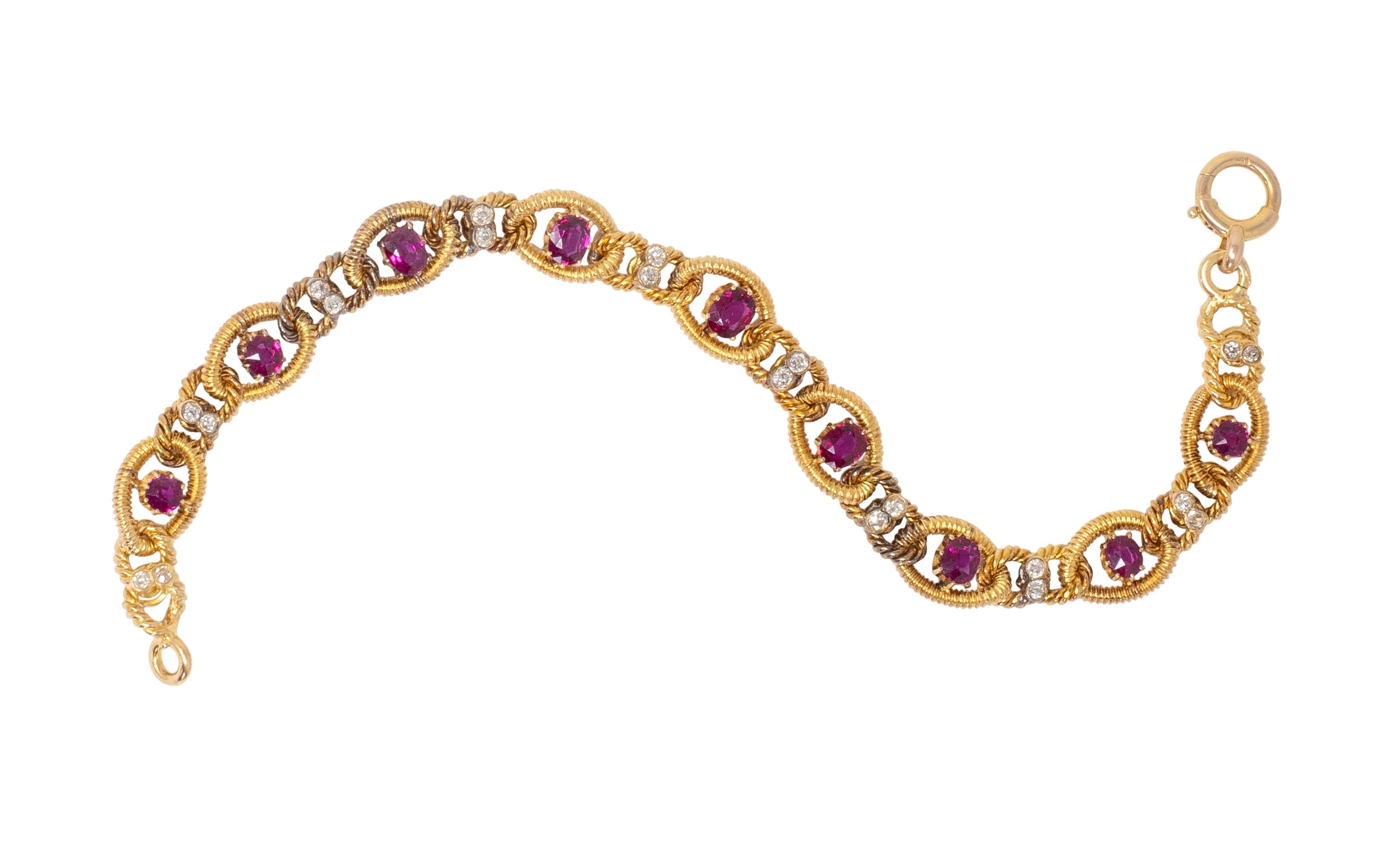 Victorian Diamond Ruby 18 Karat Yellow Gold Antique Twisted Rope Bracelet